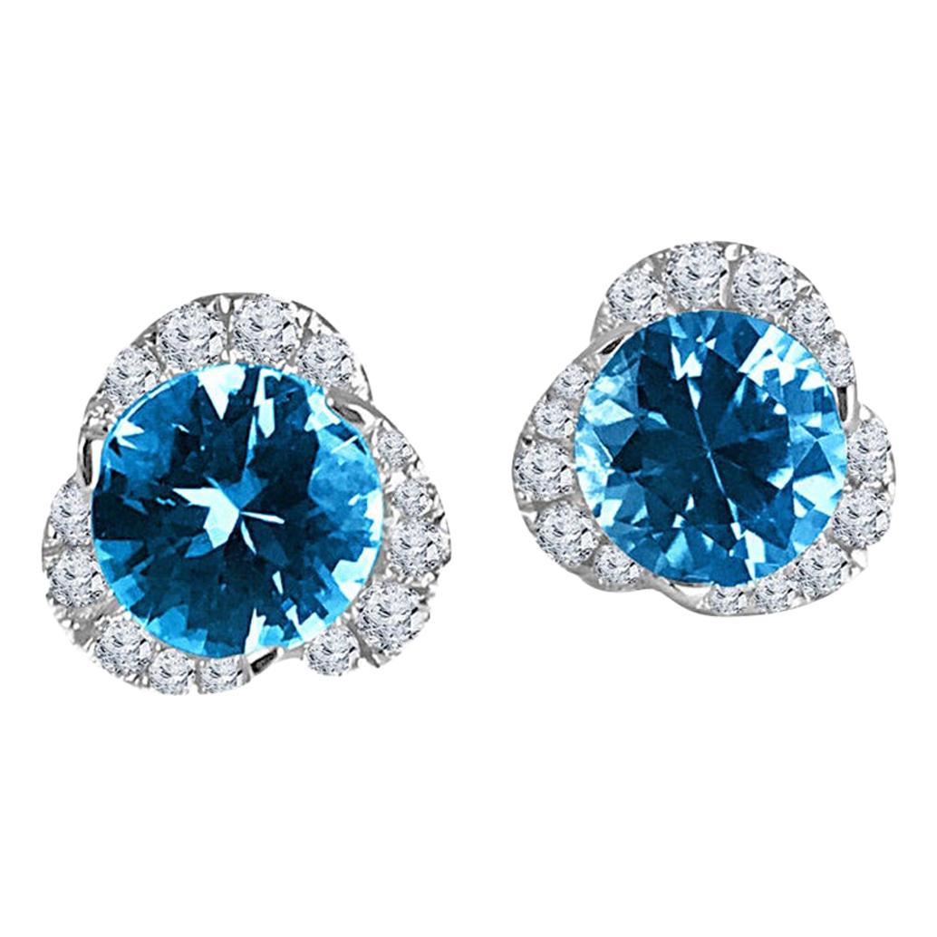 3.69 Carat Round Blue Zircon and Natural Diamond Earrings in 14W Gold ref1357