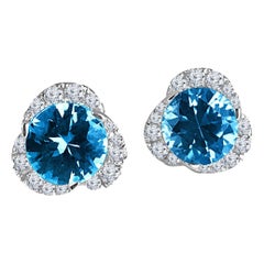 3.69 Carat Round Blue Zircon and Natural Diamond Earrings in 14W Gold ref1357