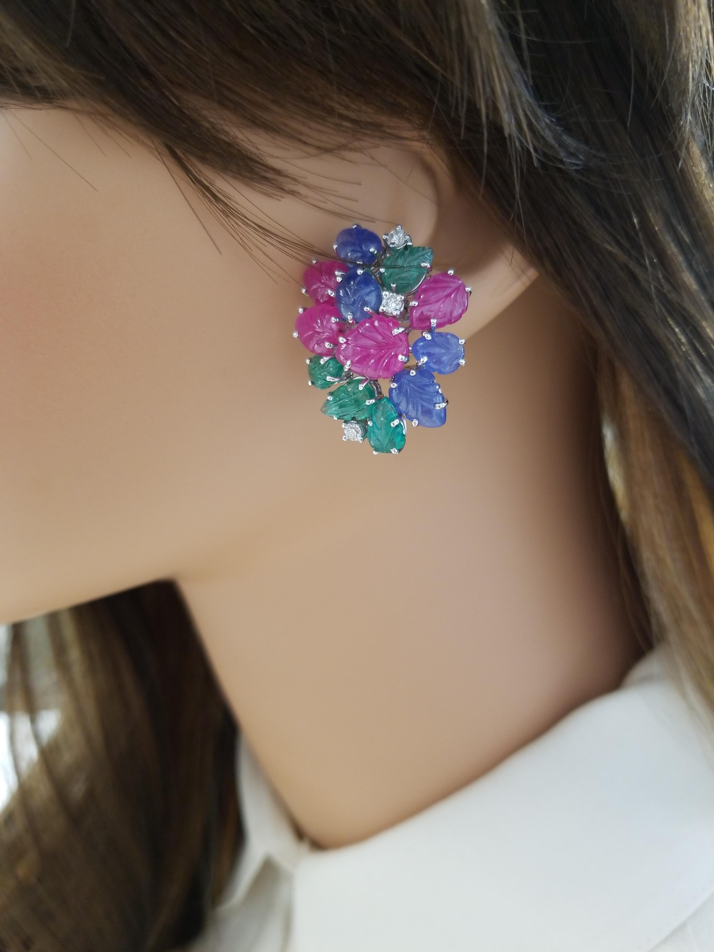 Women's 36.92 Carat Sapphire, Ruby, Emerald and Diamond Earrings in 18 Karat White Gold