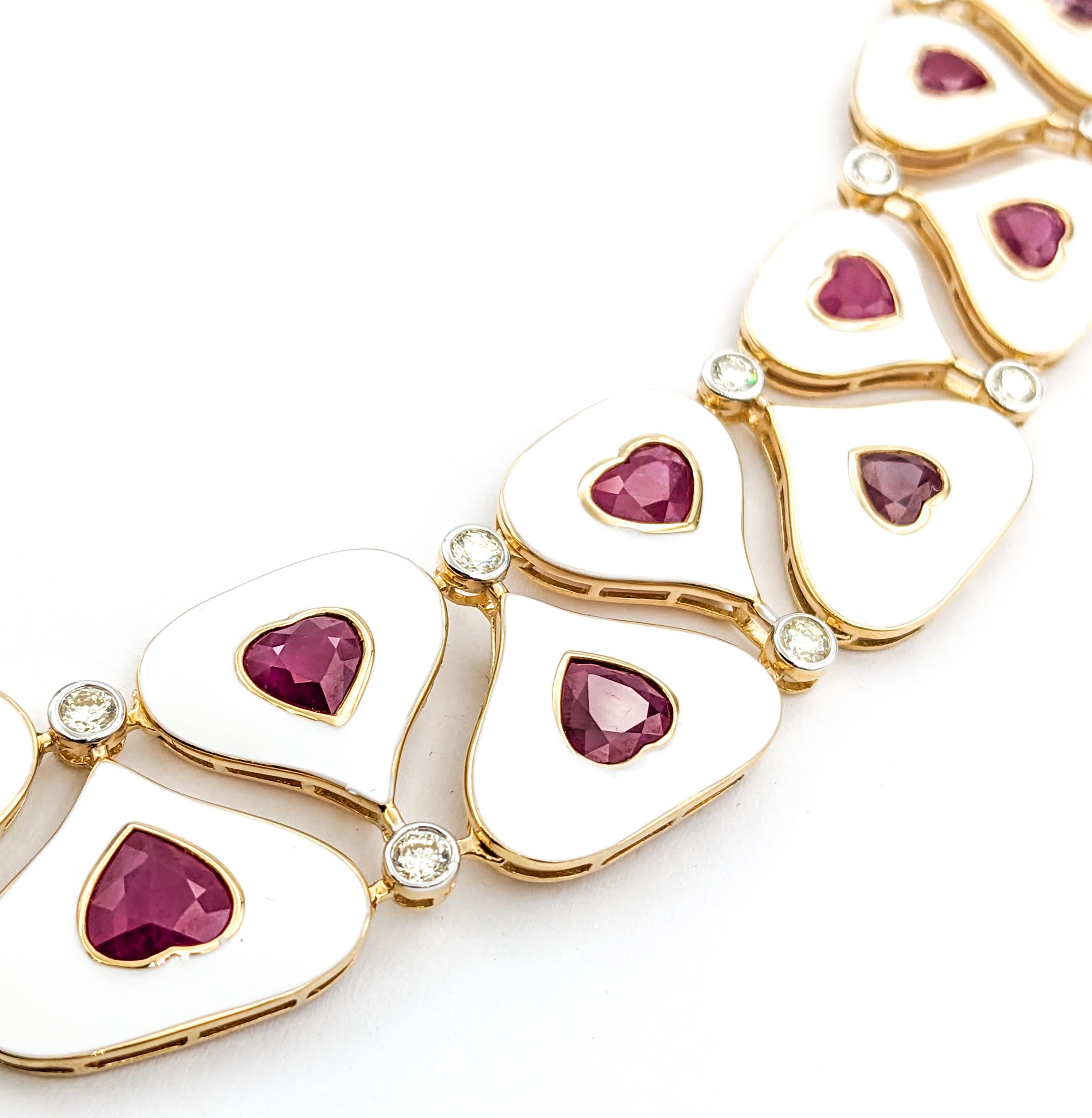 36.93ctw Hand White Enameled Burmese Rubies & 4.11ctw Diamonds Necklace In Yello For Sale 5