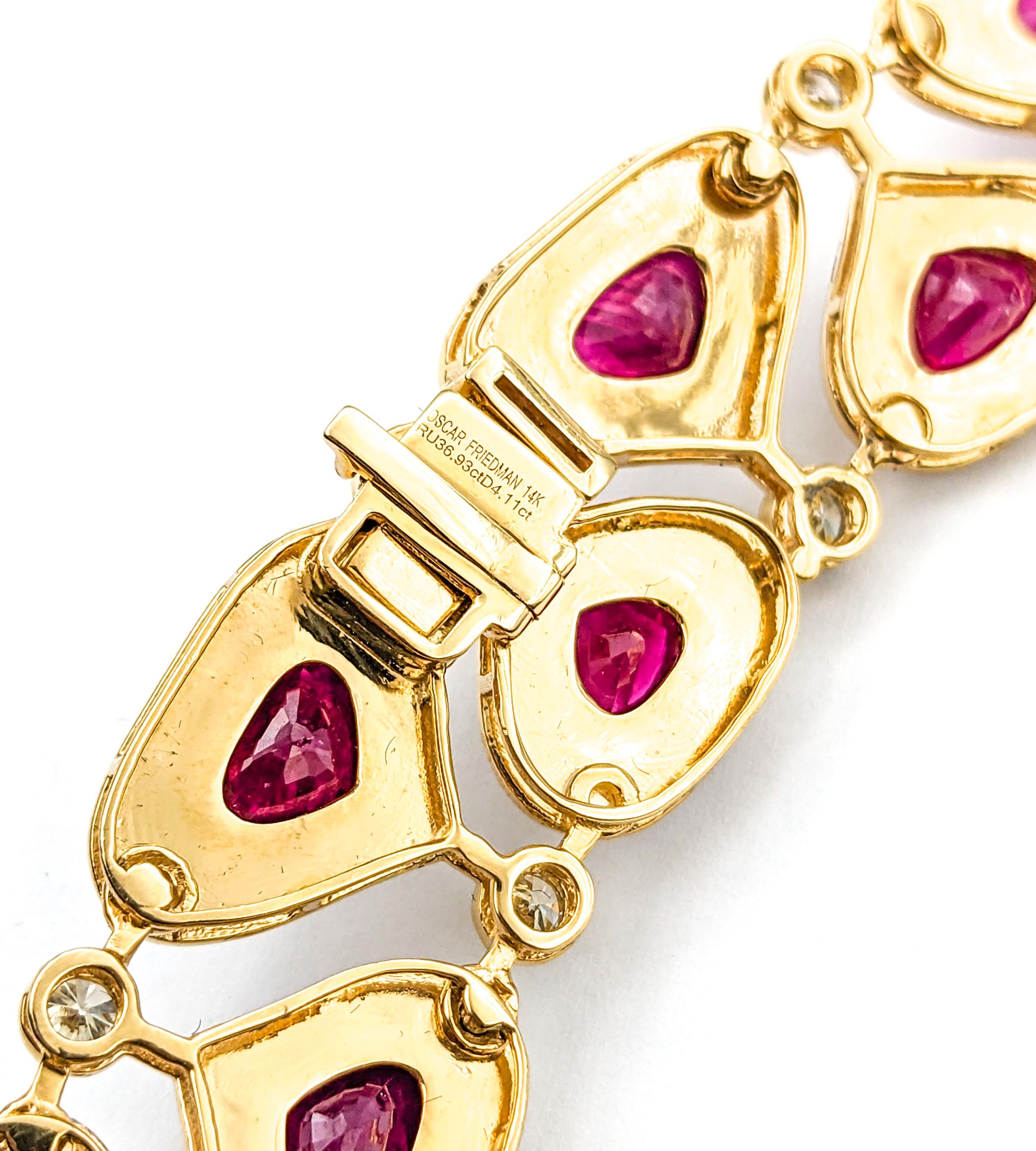 36.93ctw Hand White Enameled Burmese Rubies & 4.11ctw Diamonds Necklace In Yellow Gold

Introducing an exquisite Burmese Ruby Necklace, masterfully crafted in 14k yellow gold. This luxurious necklace showcases 4.11ctw of glittering round diamonds