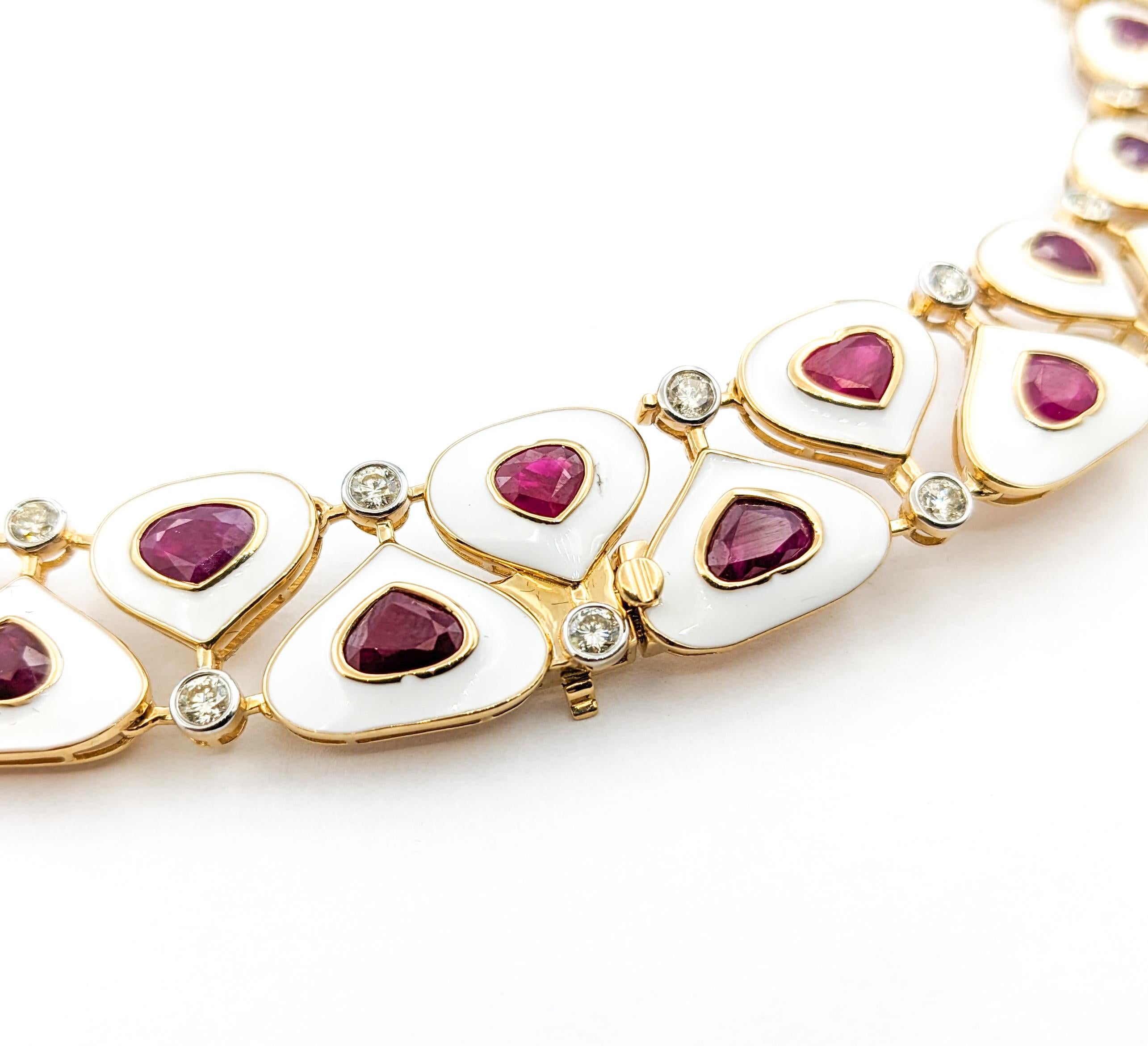 Contemporary 36.93ctw Hand White Enameled Burmese Rubies & 4.11ctw Diamonds Necklace In Yello For Sale
