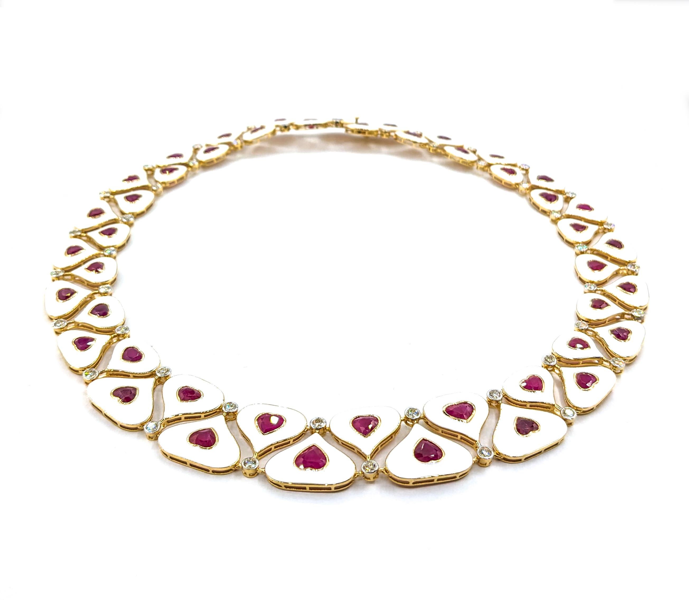 Heart Cut 36.93ctw Hand White Enameled Burmese Rubies & 4.11ctw Diamonds Necklace In Yello For Sale