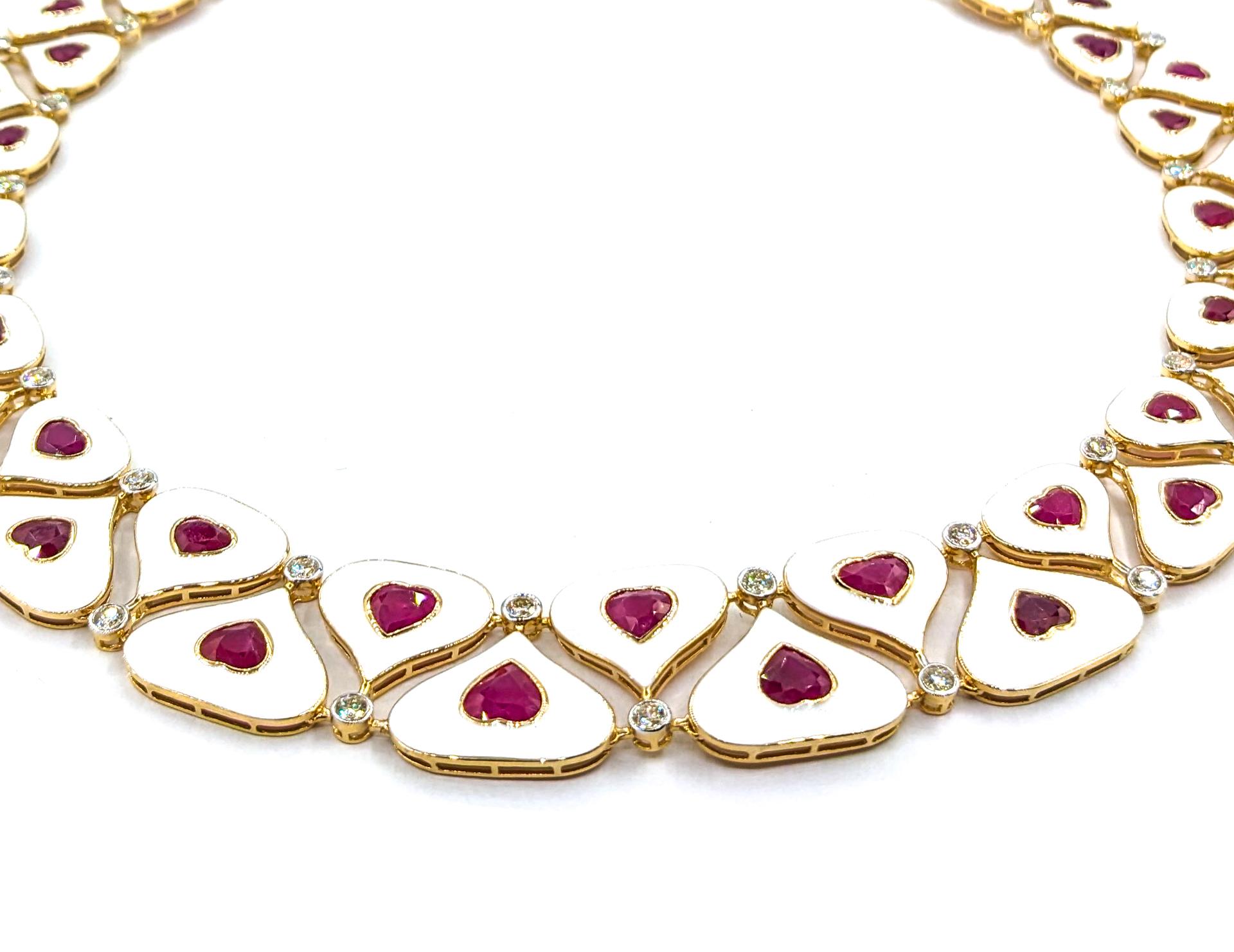 36.93ctw Hand White Enameled Burmese Rubies & 4.11ctw Diamonds Necklace In Yello Excellent état - En vente à Bloomington, MN
