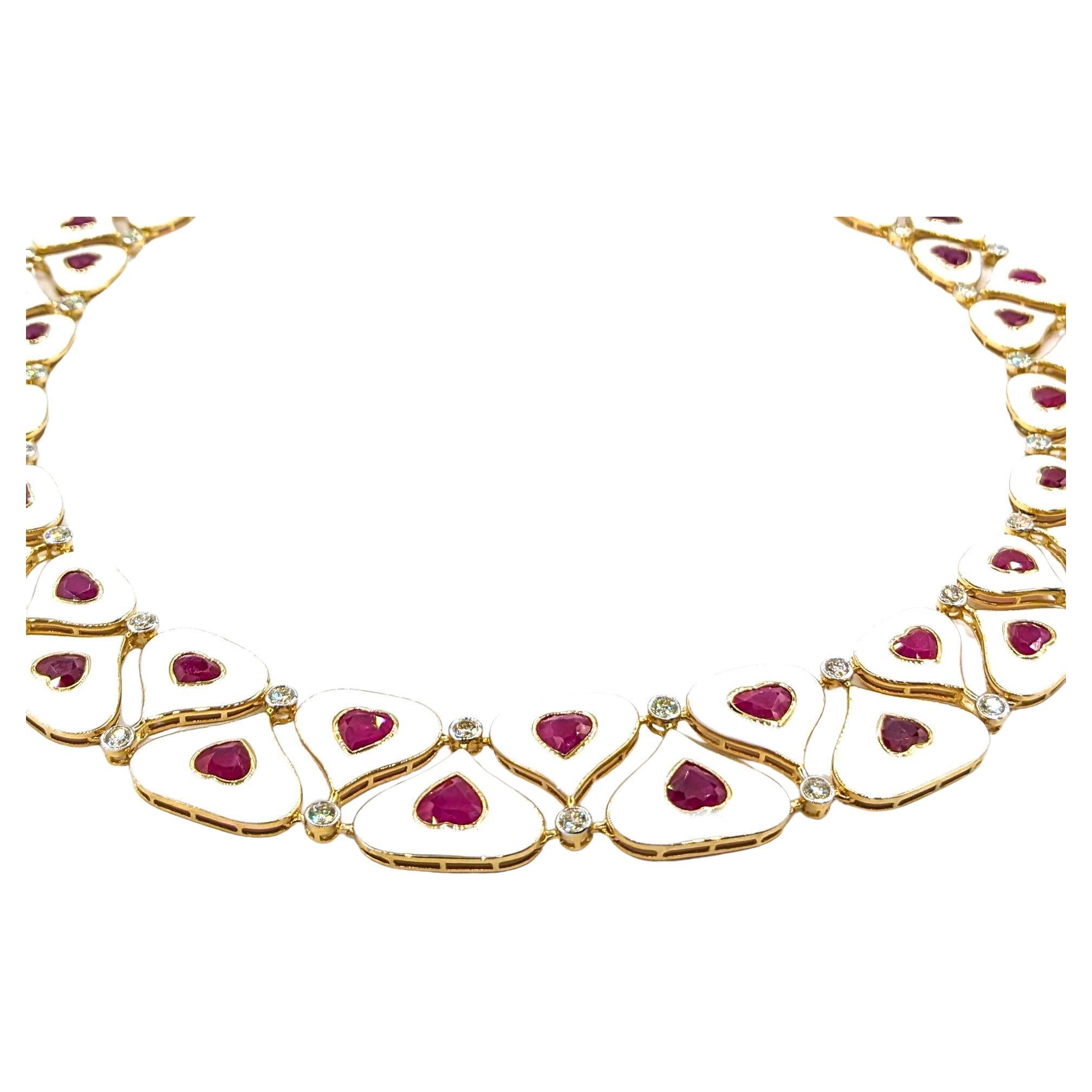 36.93ctw Hand White Enameled Burmese Rubies & 4.11ctw Diamonds Necklace In Yello For Sale