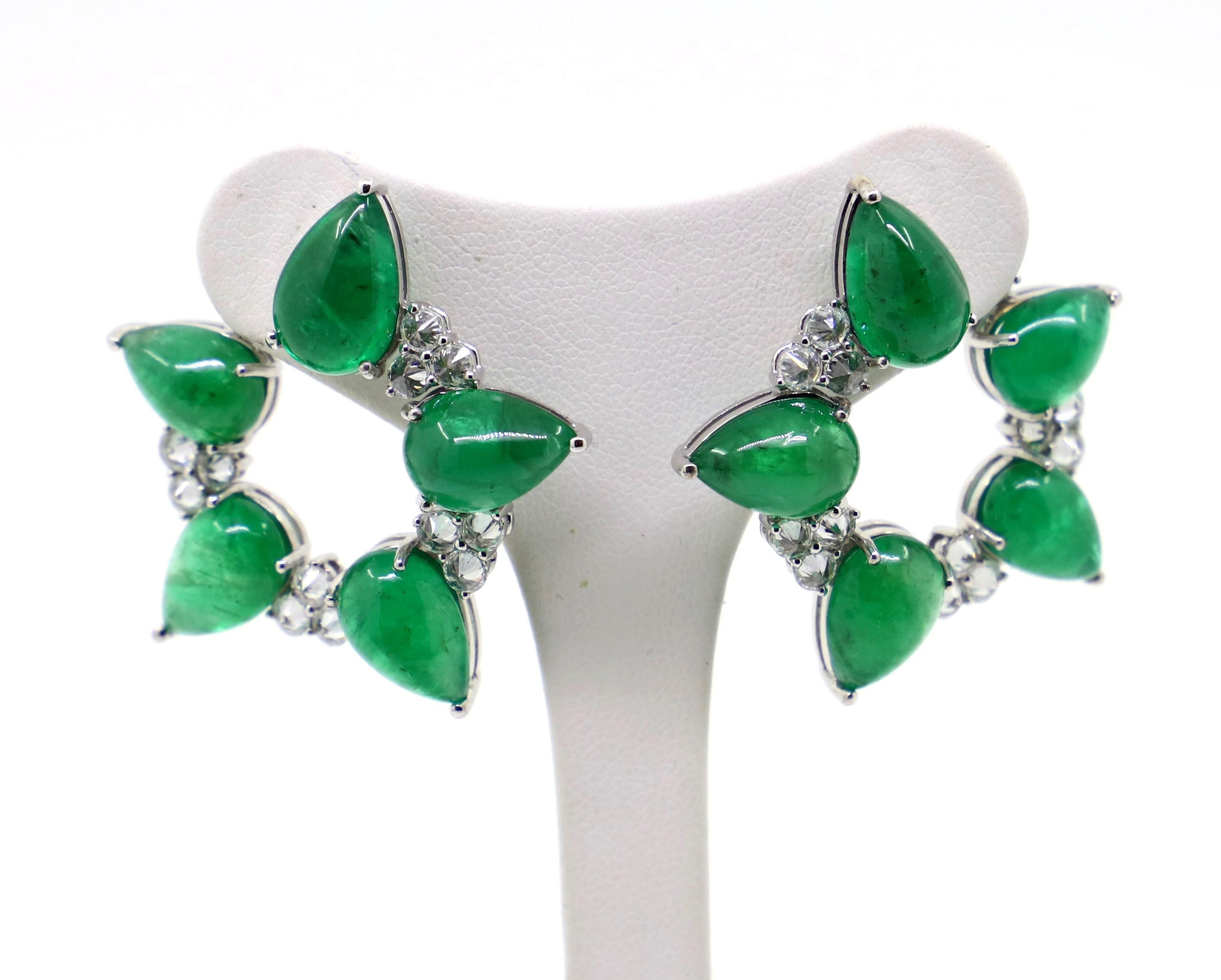 Contemporary 36.95 Carat Cabochon Emerald and 3.50 Carat White Diamonds Clip-On Earrings For Sale
