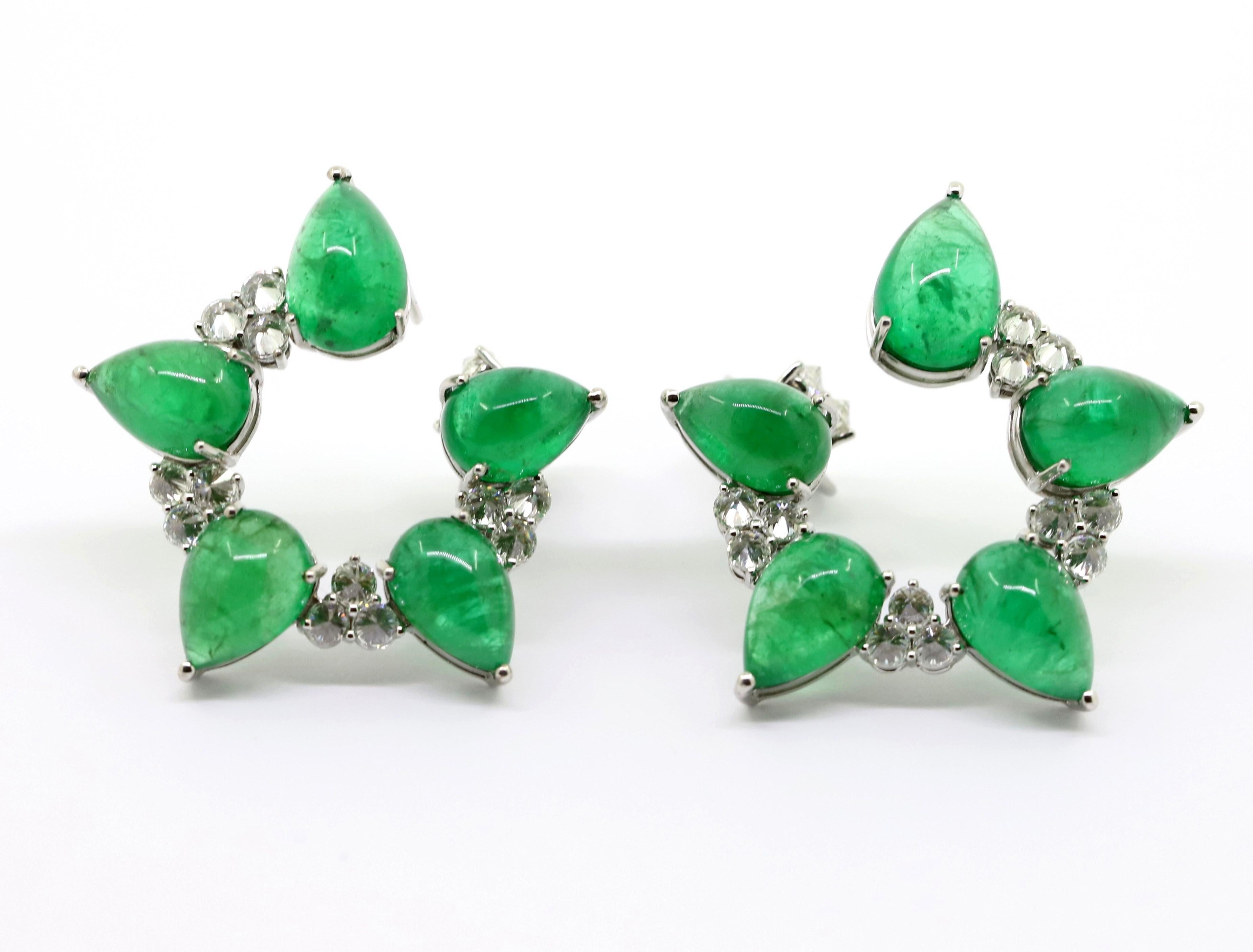 Pear Cut 36.95 Carat Cabochon Emerald and 3.50 Carat White Diamonds Clip-On Earrings For Sale