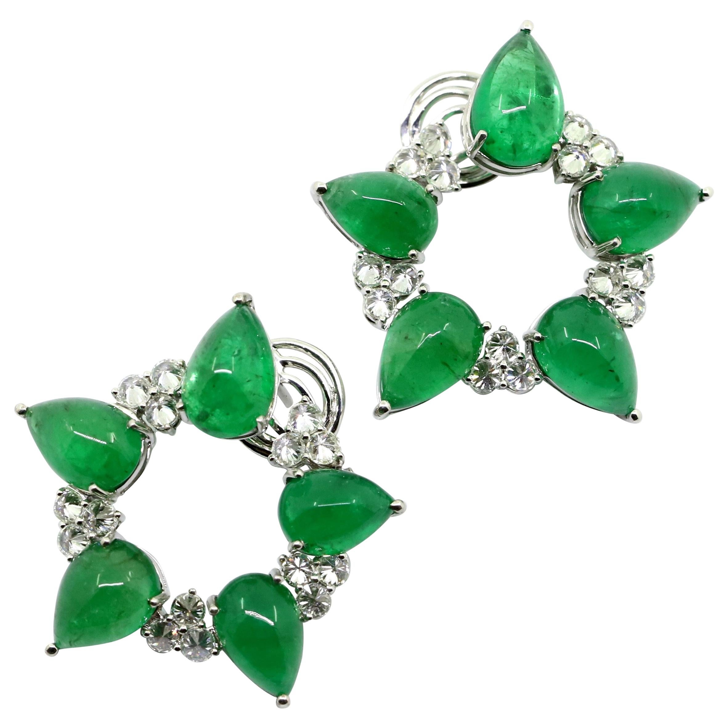 36.95 Carat Cabochon Emerald and 3.50 Carat White Diamonds Clip-On Earrings For Sale
