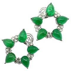 36.95 Carat Cabochon Emerald and 3.50 Carat White Diamonds Clip-On Earrings