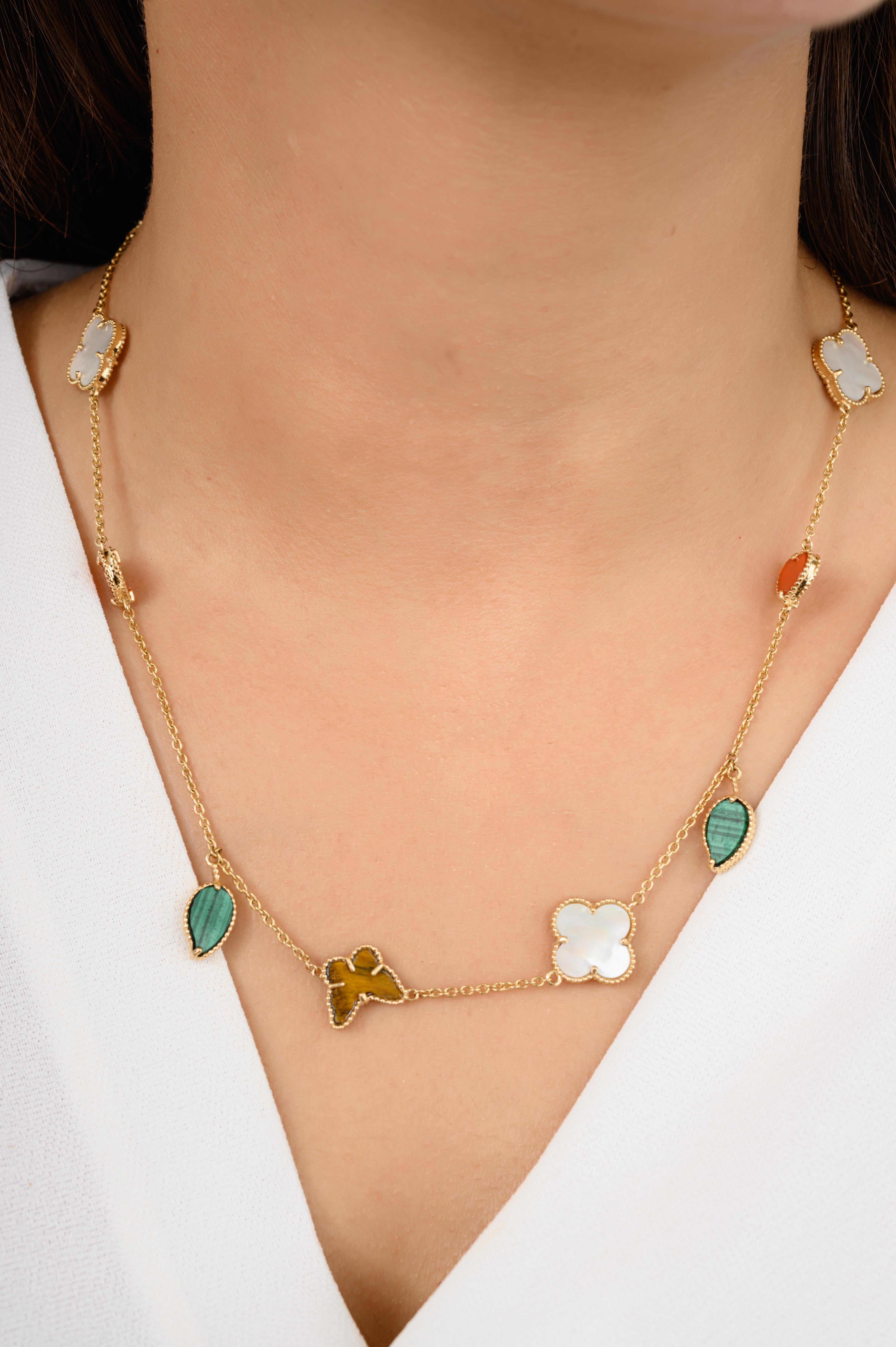 Einzigartige 36,97 CTW Edelstein Lucky Charms Halskette für Mama in 18K Gold mit gemischten Schnitt Multi Edelsteine besetzt. Dieses atemberaubende Schmuckstück wertet einen Freizeitlook oder ein elegantes Outfit sofort auf. 
Die beliebte Halskette