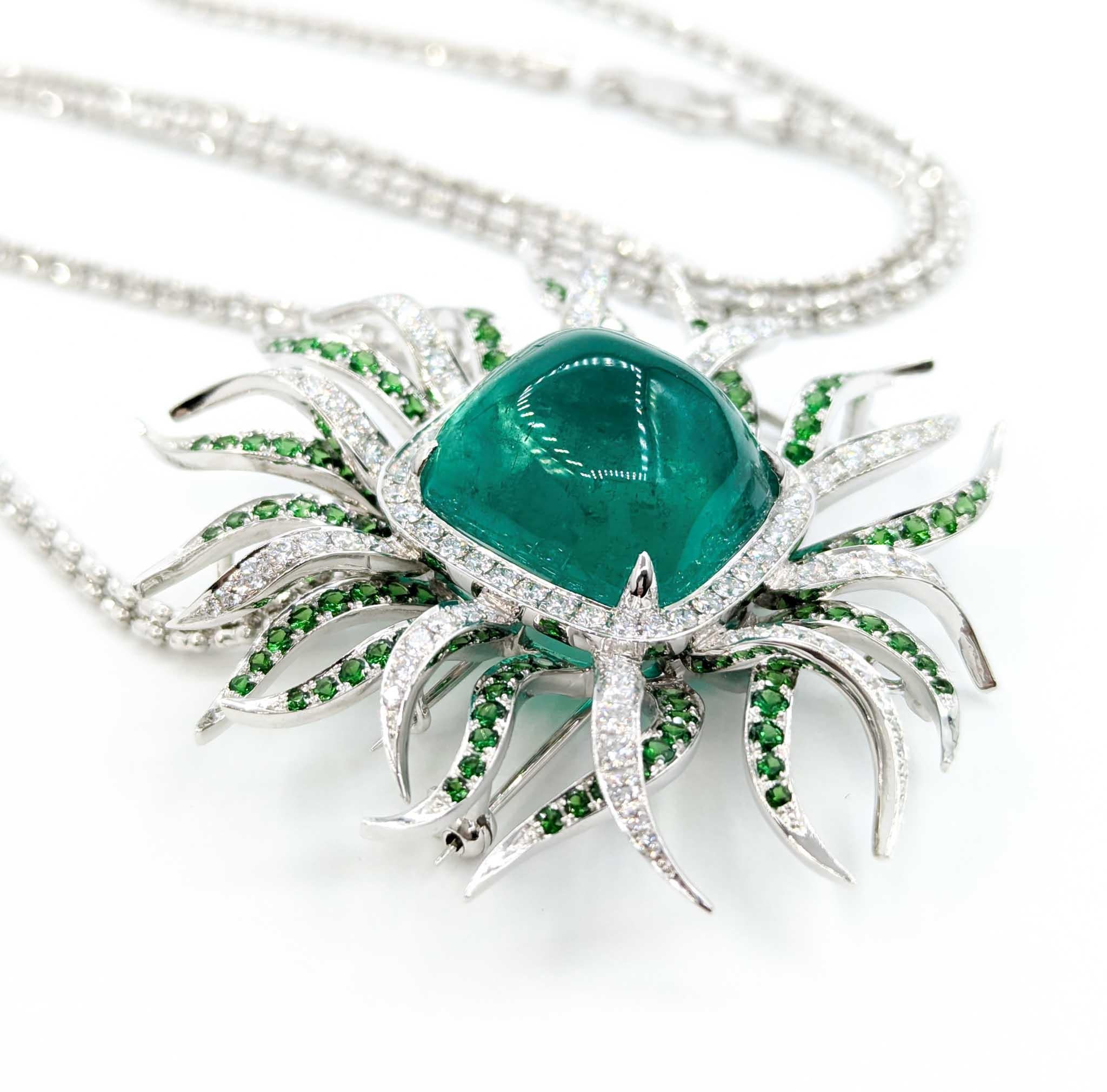 Cabochon 36.97ct Colombian Emerald & Diamond Pendant/Brooch in 18kt White Gold For Sale