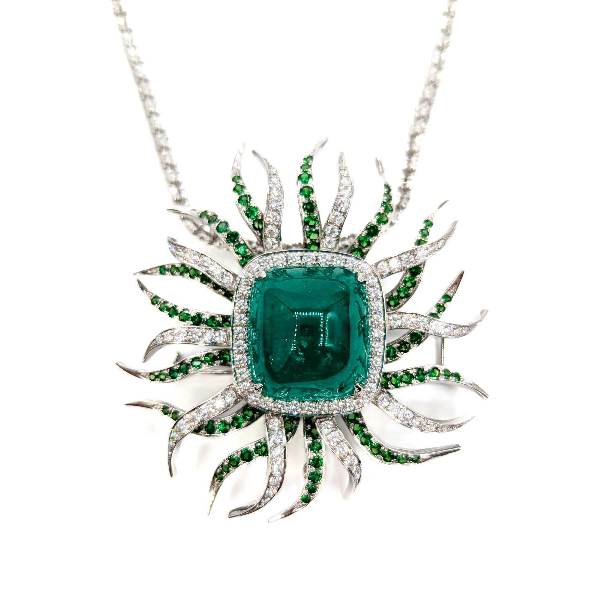 Women's 36.97ct Colombian Emerald & Diamond Pendant/Brooch in 18kt White Gold For Sale