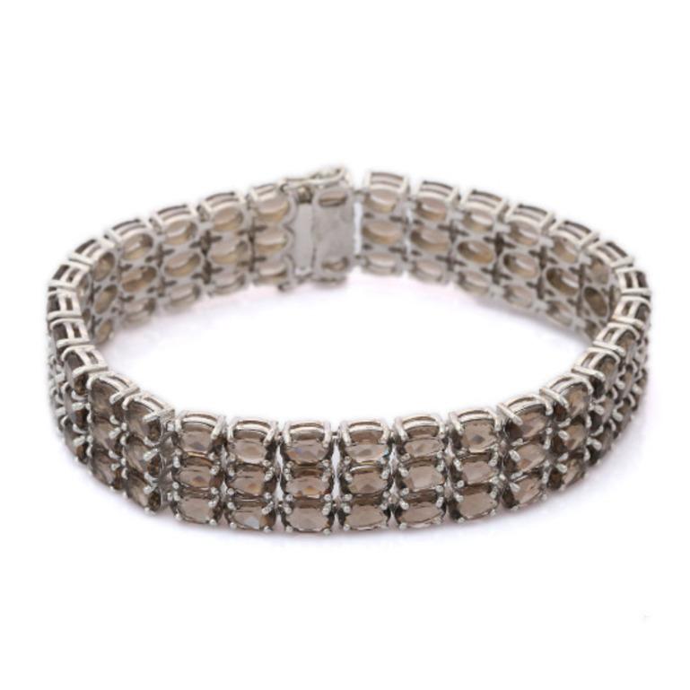 Contemporary 36.98 Carat Smoky Topaz Three Layer Wide Bracelet for Women in Sterling Silver For Sale
