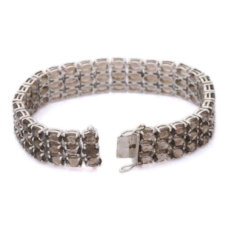 Oval Cut 36.98 Carat Smoky Topaz Three Layer Wide Bracelet for Women in Sterling Silver For Sale
