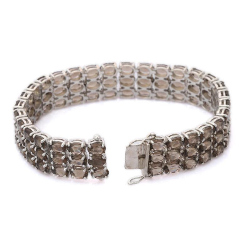 Contemporary 34.03 Carat Smoky Topaz Three Layer Wide Bracelet for Women in Sterling Silver For Sale