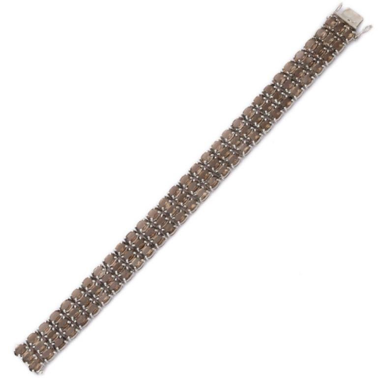 36.98 Carat Smoky Topaz Three Layer Wide Bracelet for Women in Sterling Silver In New Condition For Sale In Houston, TX