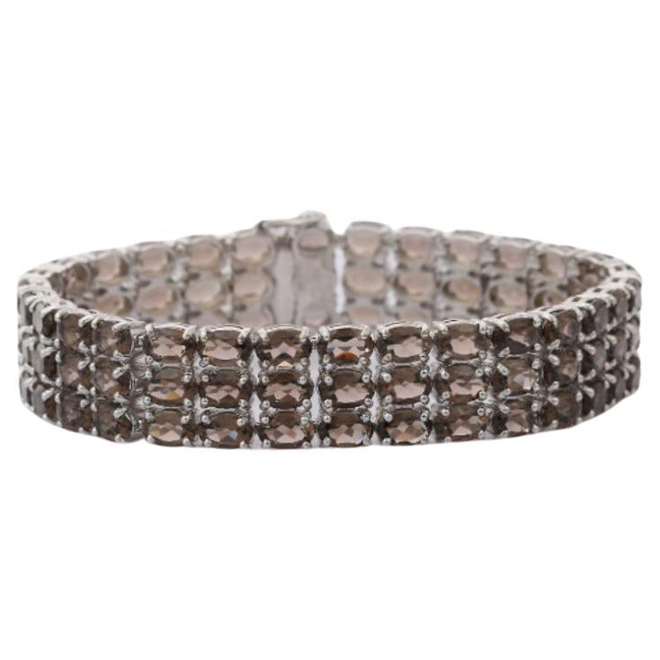 36.98 Carat Smoky Topaz Three Layer Wide Bracelet for Women in Sterling Silver For Sale