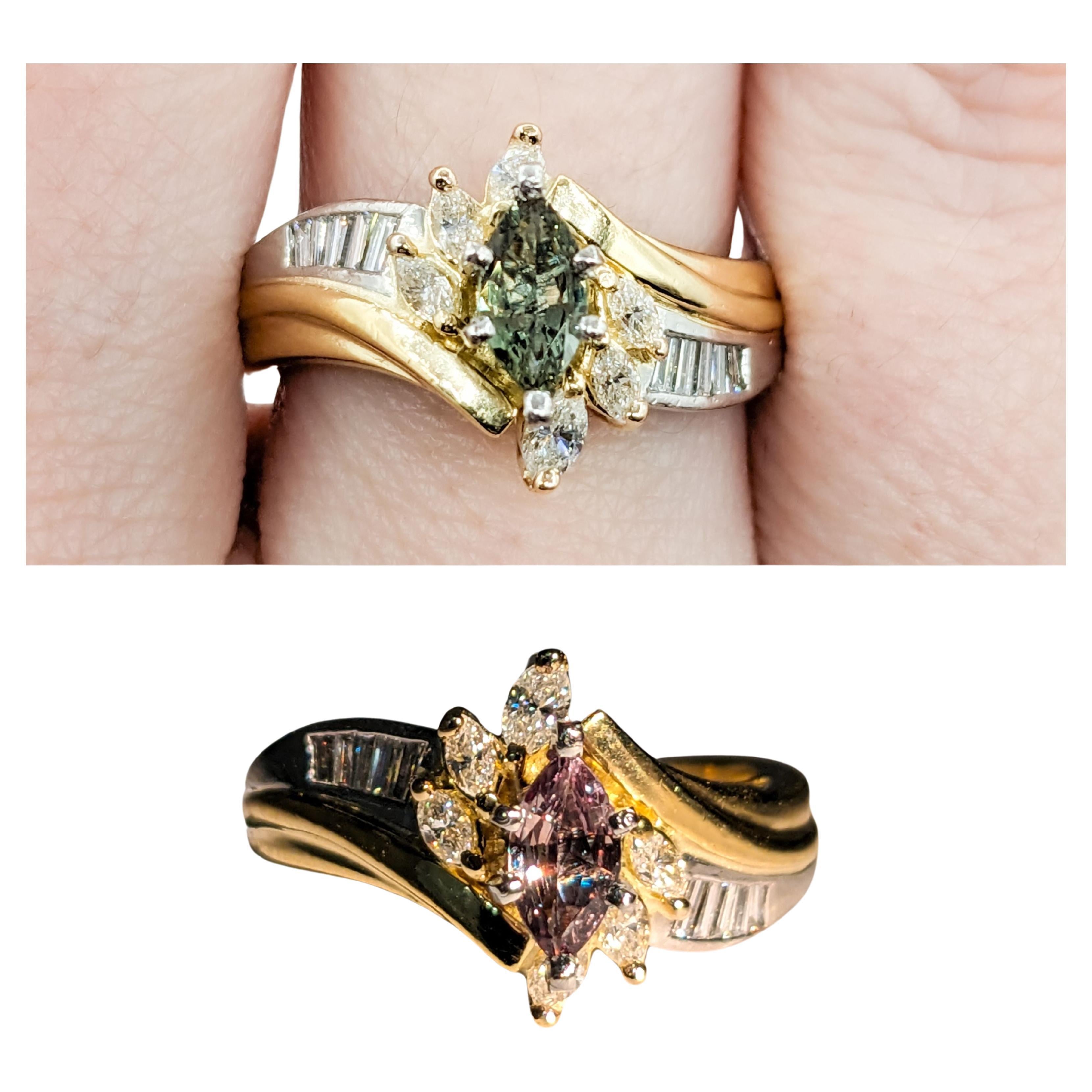 .36ct Natural Color Change Alexandrite & Diamond Ring In Yellow Gold and Platinum

Introducing a stunning natural Alexandrite ring, masterfully crafted in a luxurious blend of 18k yellow gold and platinum. The centerpiece of the ring is a rare .36ct