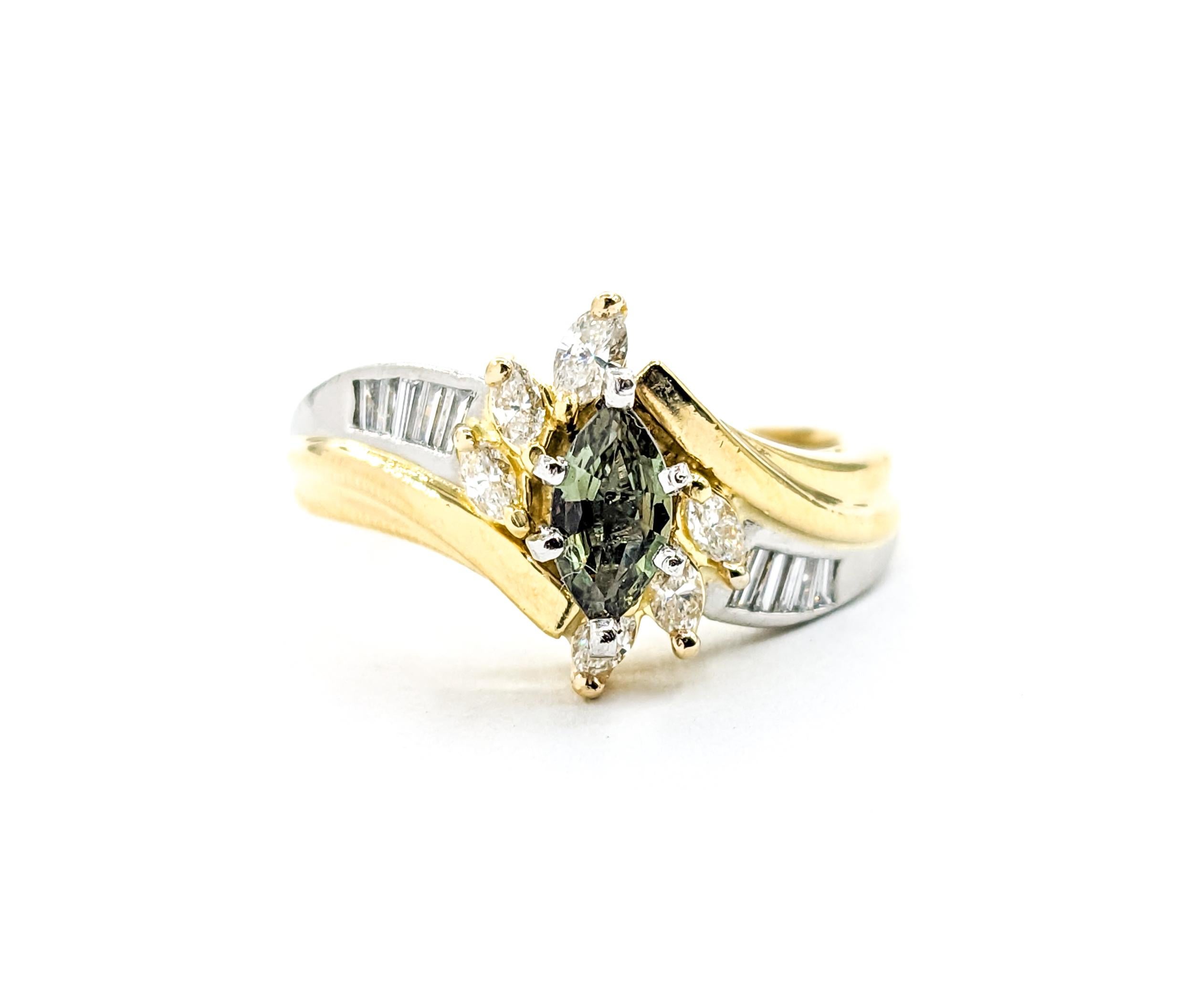 Contemporary .36c Natural Color Change Alexandrite & Diamond Ring In Yellow Gold and Platinum For Sale