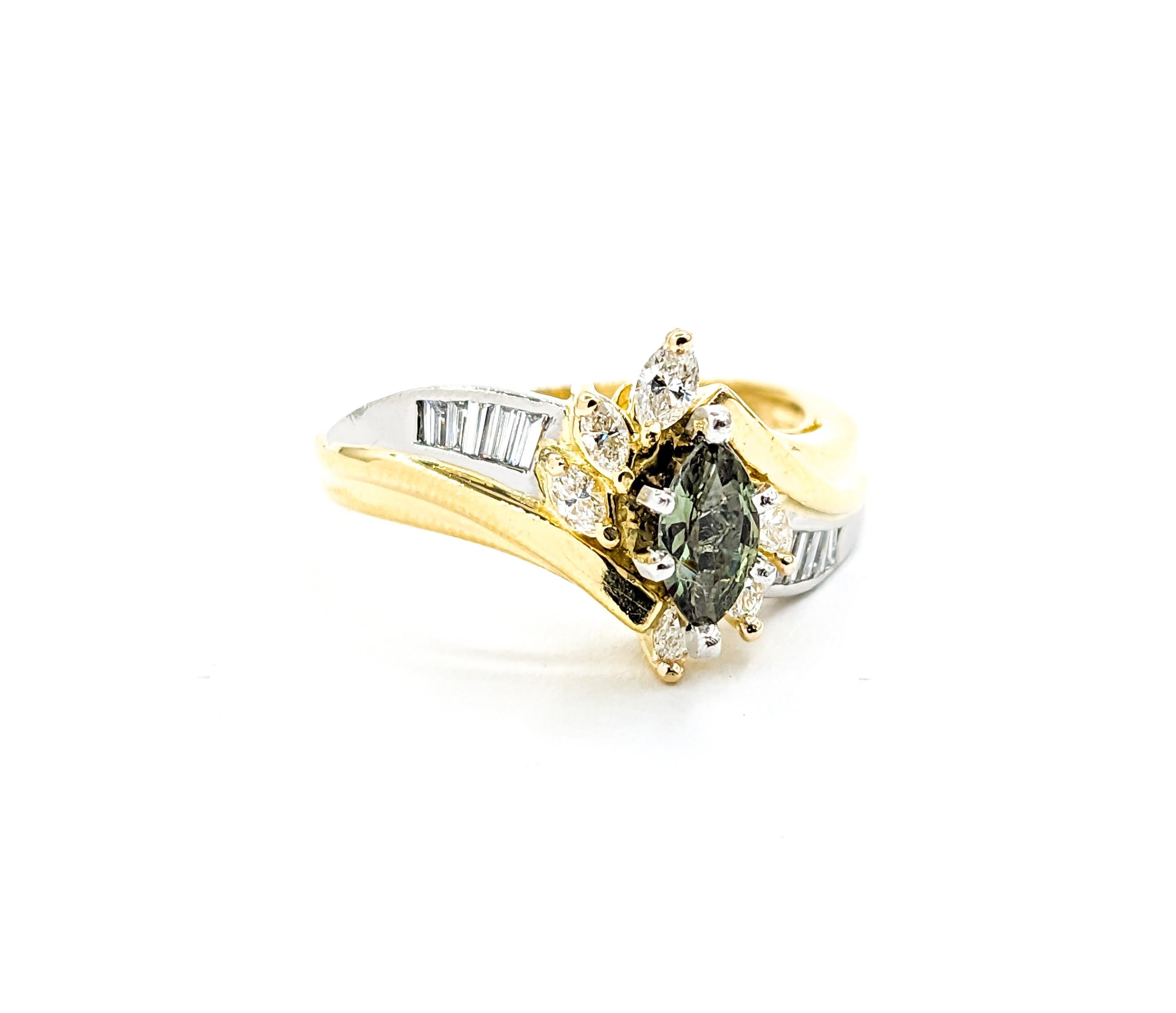 Women's .36c Natural Color Change Alexandrite & Diamond Ring In Yellow Gold and Platinum For Sale