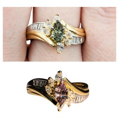 Vintage .36c Natural Color Change Alexandrite & Diamond Ring In Yellow Gold and Platinum