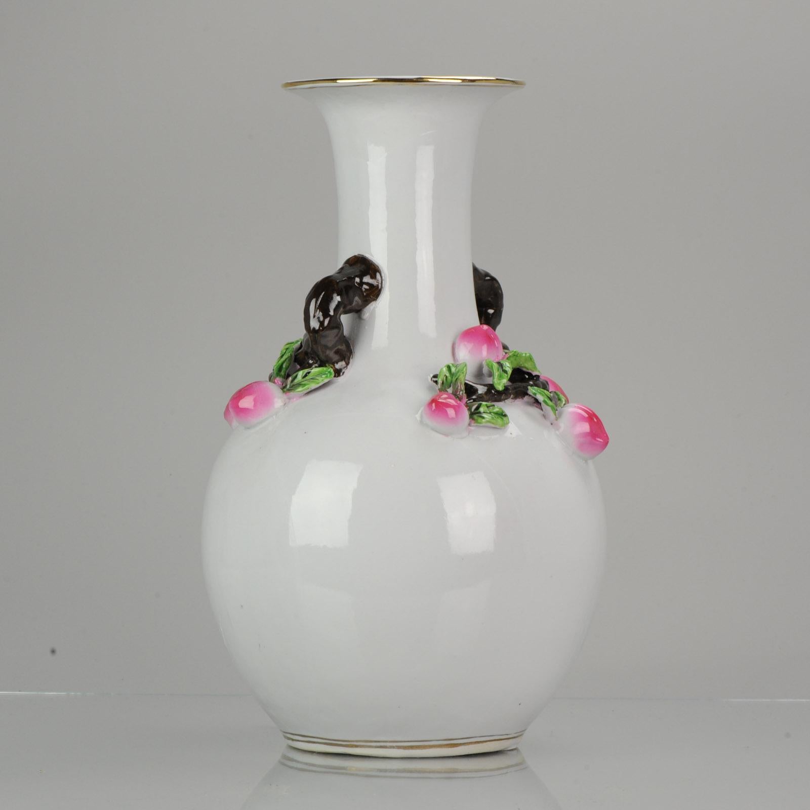 Chinese Famille Rose Vase Peaches Relief Branches Marked Decorative In Excellent Condition For Sale In Amsterdam, Noord Holland