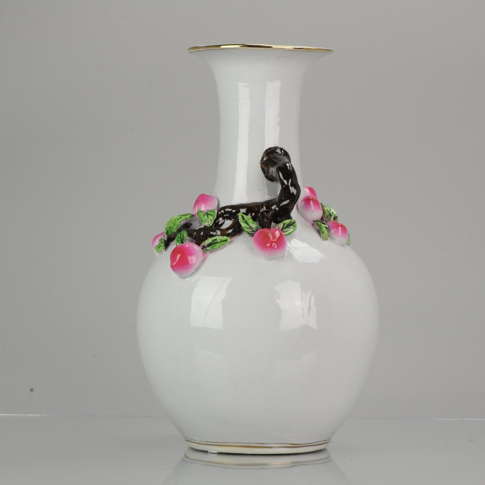 20th Century Chinese Famille Rose Vase Peaches Relief Branches Marked Decorative For Sale