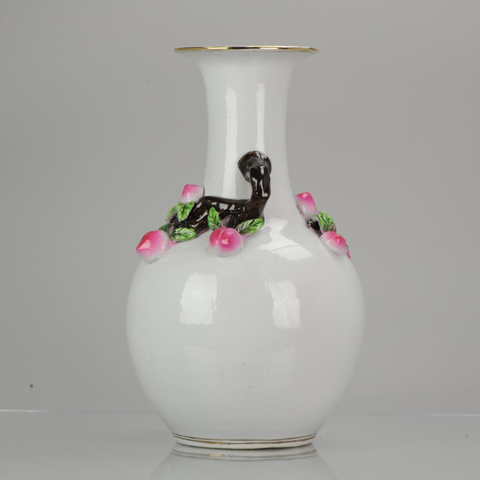 Chinese Famille Rose Vase Peaches Relief Branches Marked Decorative For Sale 2