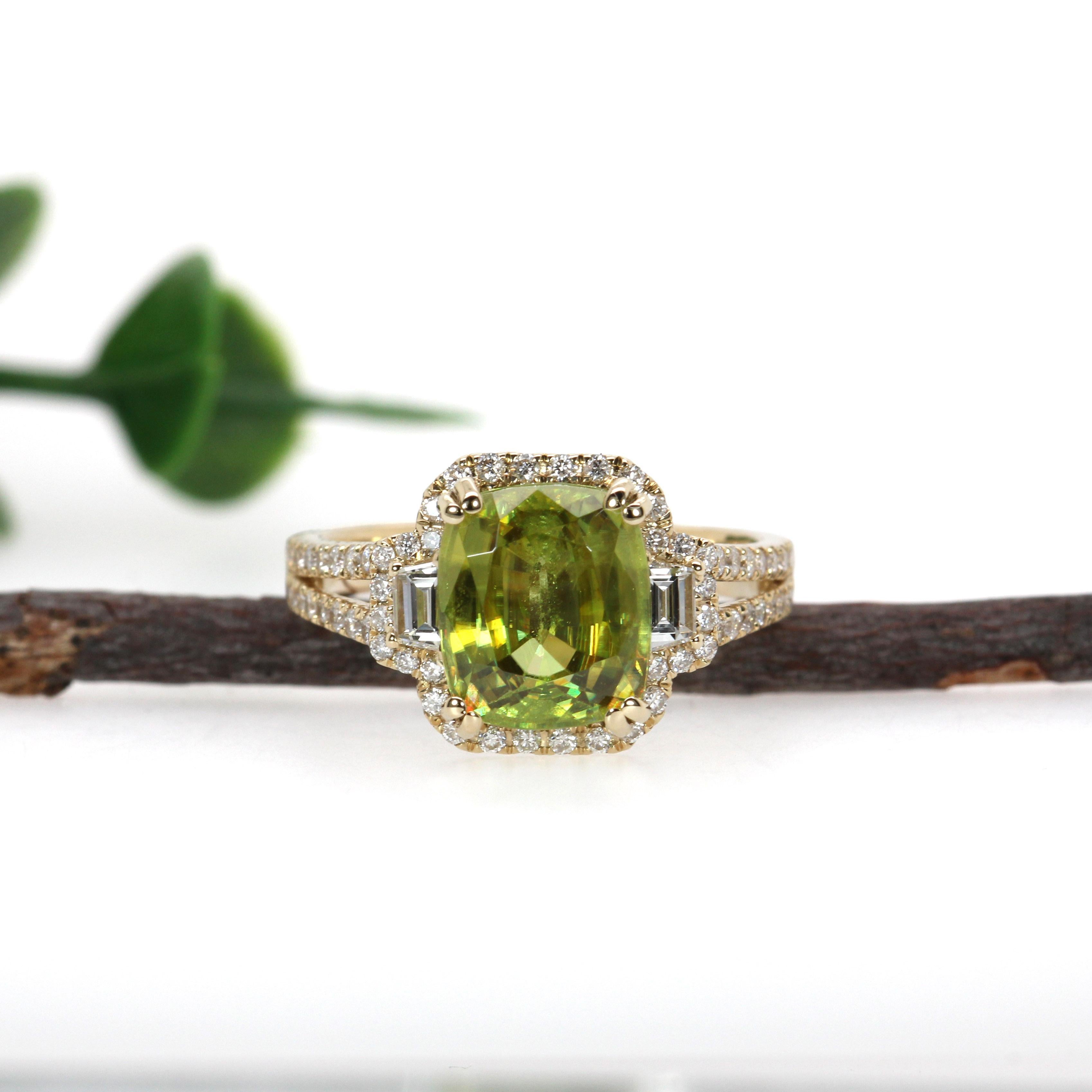 Art Deco 3.6ct Statement Sphene Ring w Natural Diamond Accents in 14K Gold  CU 9x7mm For Sale