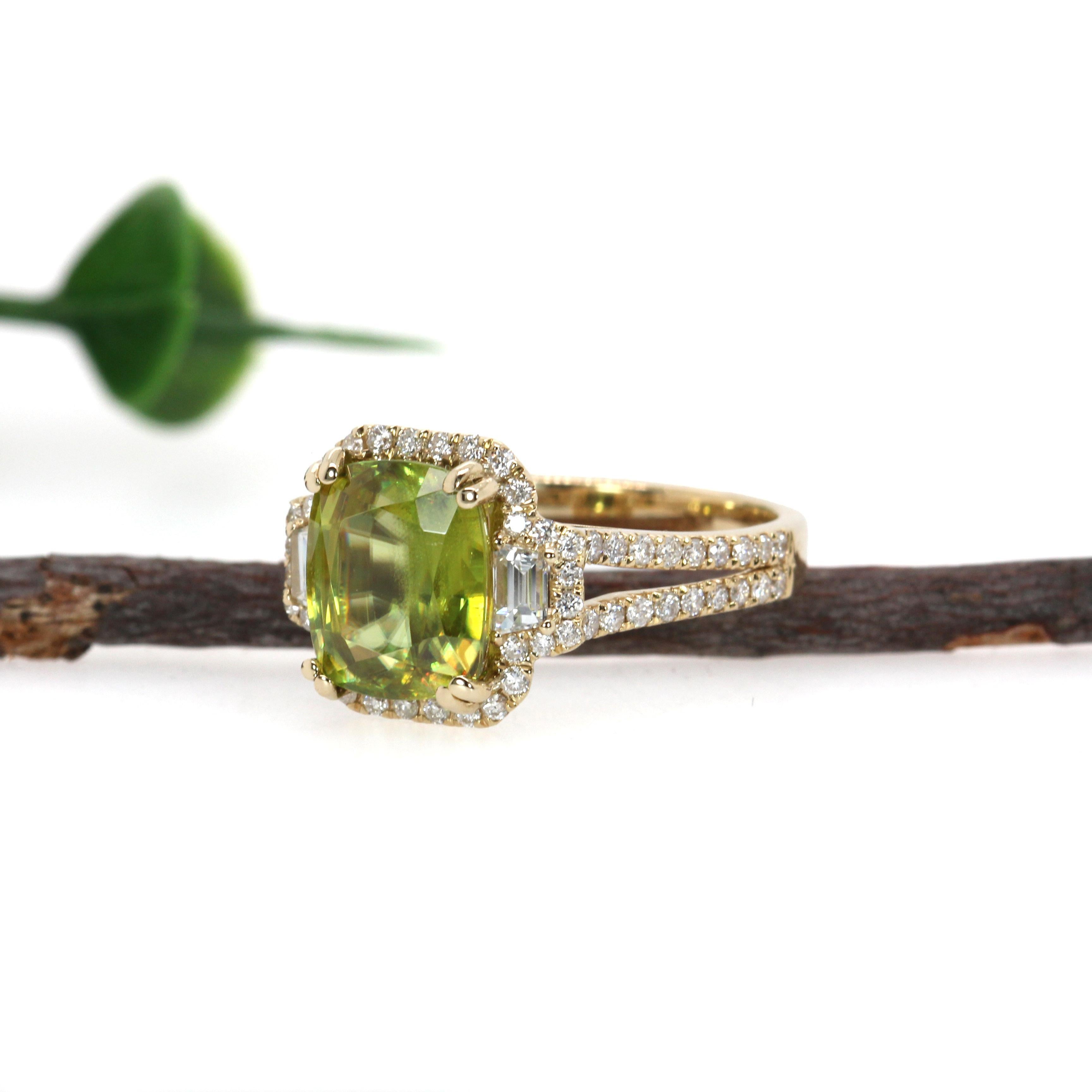 Cushion Cut 3.6ct Statement Sphene Ring w Natural Diamond Accents in 14K Gold  CU 9x7mm For Sale
