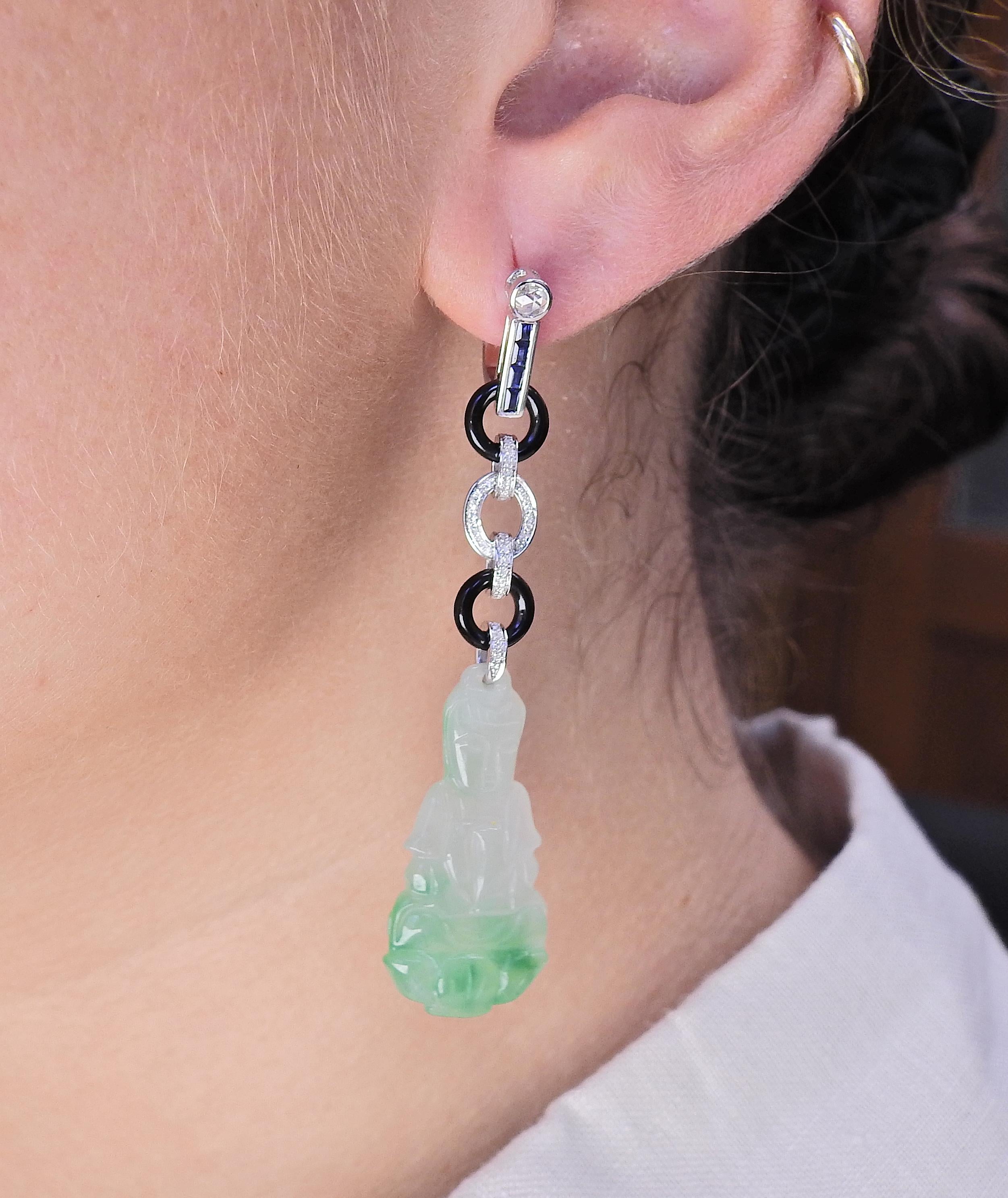 36ctw Carved Jadeite Jade Onyx Diamond Sapphire Gold Drop Earrings In Excellent Condition For Sale In New York, NY