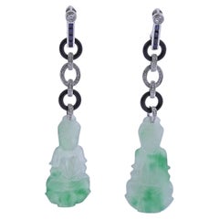 36ctw Carved Jadeite Jade Onyx Diamond Sapphire Gold Drop Earrings