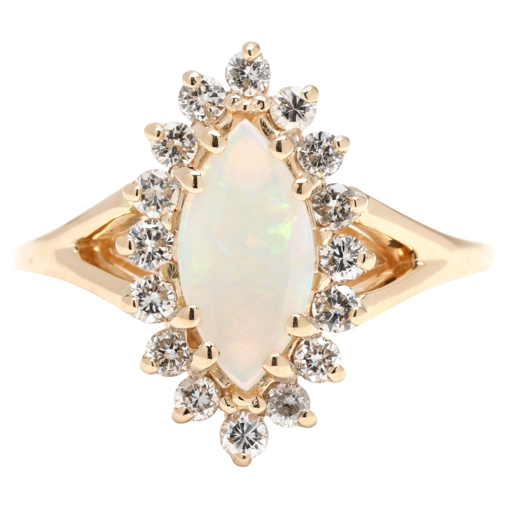 Bague Navette Opale et Diamant, or jaune 14k, taille 5