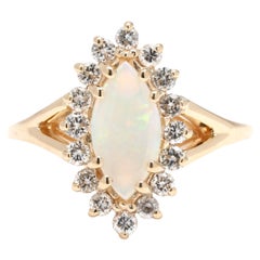 .36ctw Opal & Diamond Navette Ring, 14k Yellow Gold, Ring Size 5