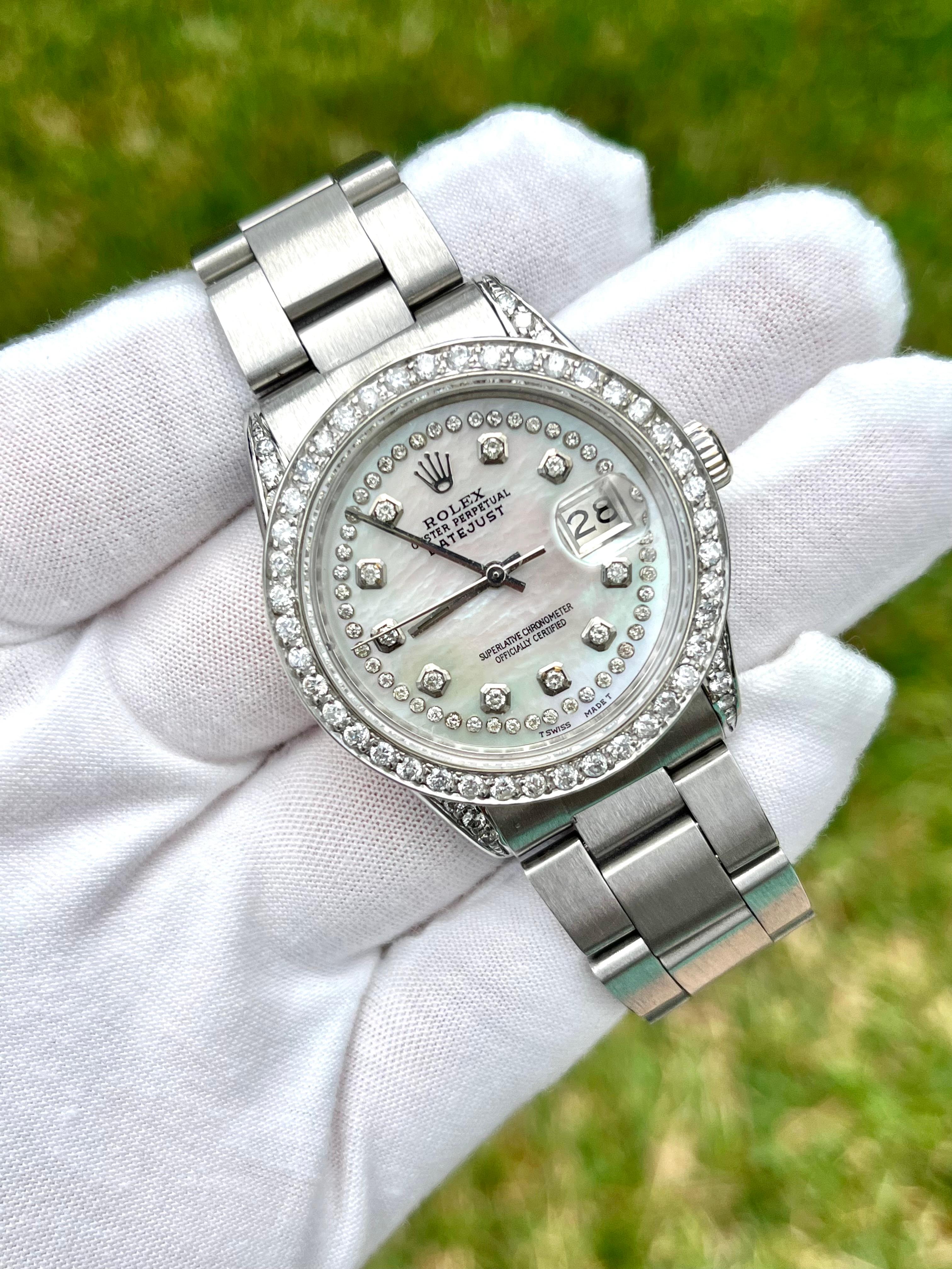 36mm Rolex DateJust with Mother of Pearl dial and Rolex Factory Diamond hour markers. Stainless steel Oyster band with hidden fold over closure. A unique twist on a timeless classic. This watch separates itself from other DateJust models with its