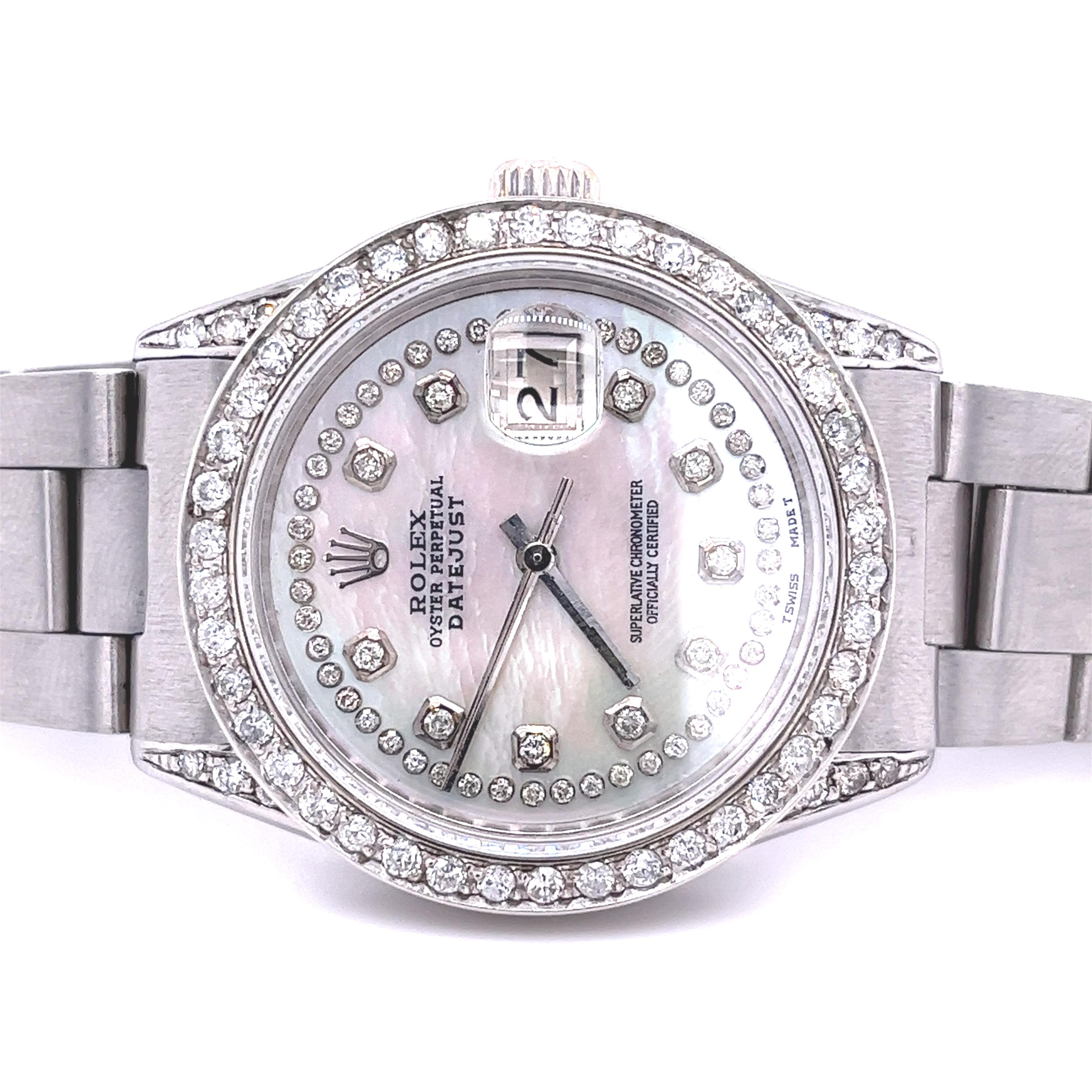 Round Cut MOP Rolex DateJust With Diamond Dial and Diamond Bezel, Oyster Strap