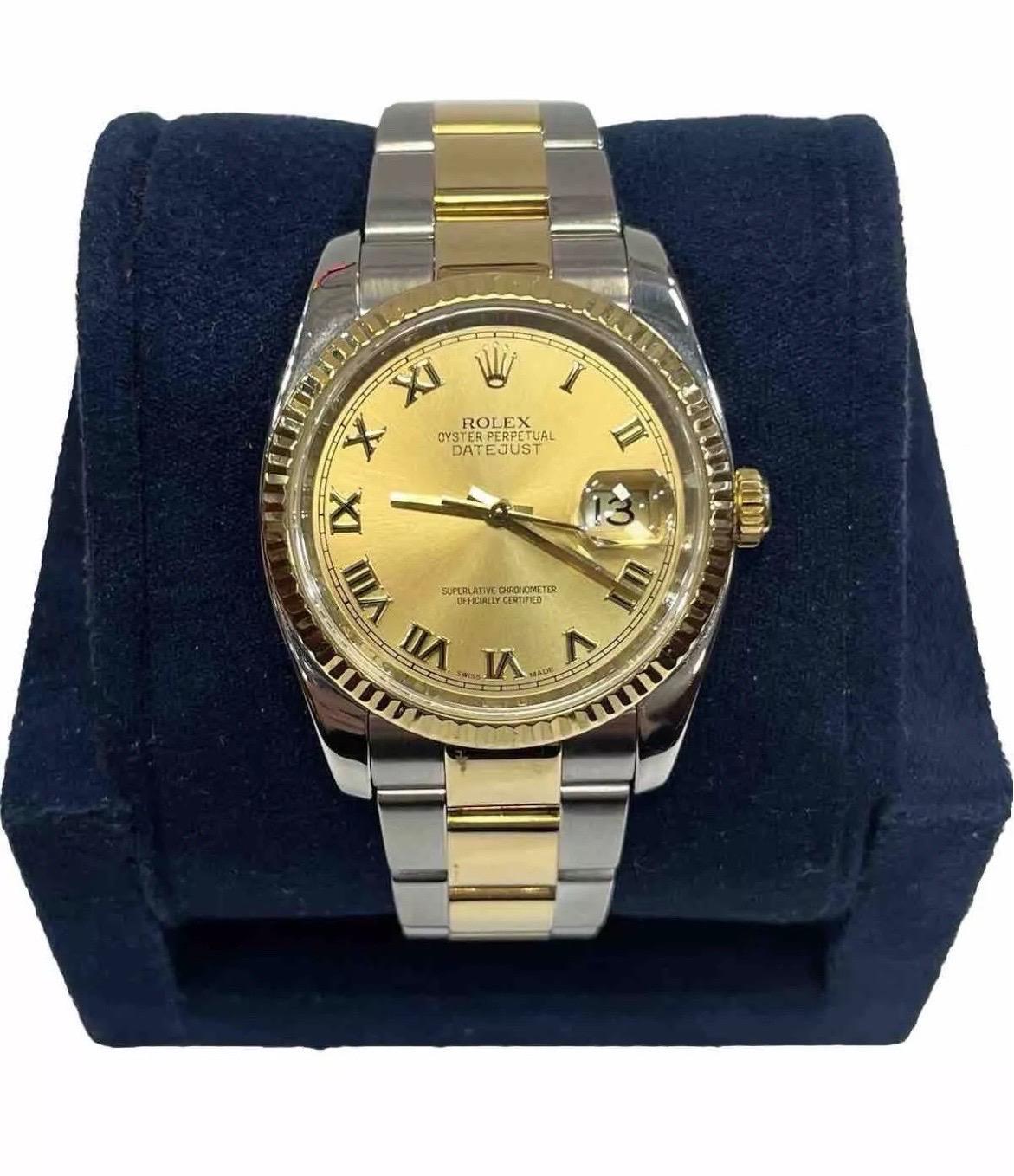 Classique et intemporelle, la Rolex Datejust Ref. 116233 offre un mélange parfait de luxe et de sophistication au quotidien. Cette montre de 36 mm est fabriquée en acier inoxydable et en or jaune 18 carats. Elle est dotée de la lunette cannelée