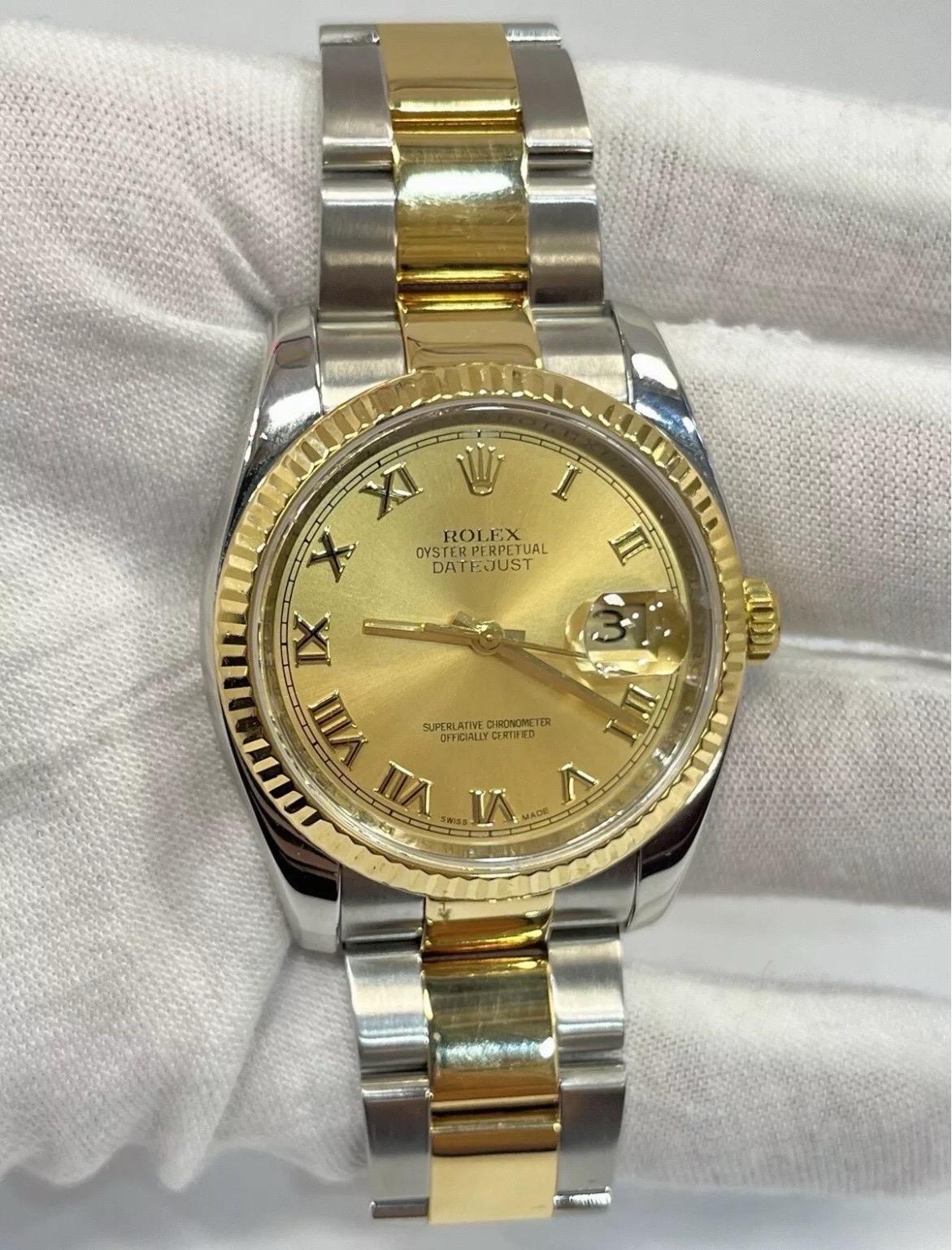 Rolex Montre Datejust 116233 champagne à cadran chiffres romains bicolore 36 mm en vente 3
