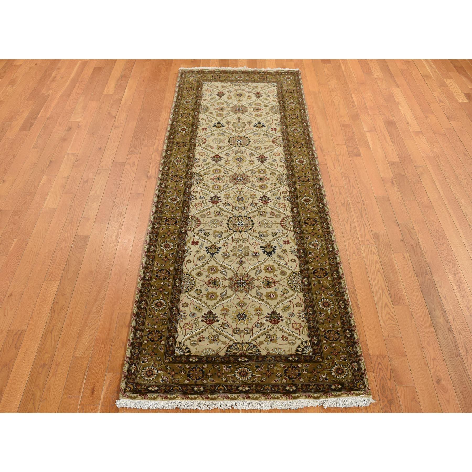 Khaki Brown, Hereke Design, Hand Spun New Zealand Wool, 300 KPSI, Hand Knotted, Wide Runner Oriental Rug
Primary materials: Wool & Silk
Latex: No Pile 
height: 0.25 Inches
Style: Traditional
Primary color: Brown
Secondary colors: Ivory, Red, Gray,