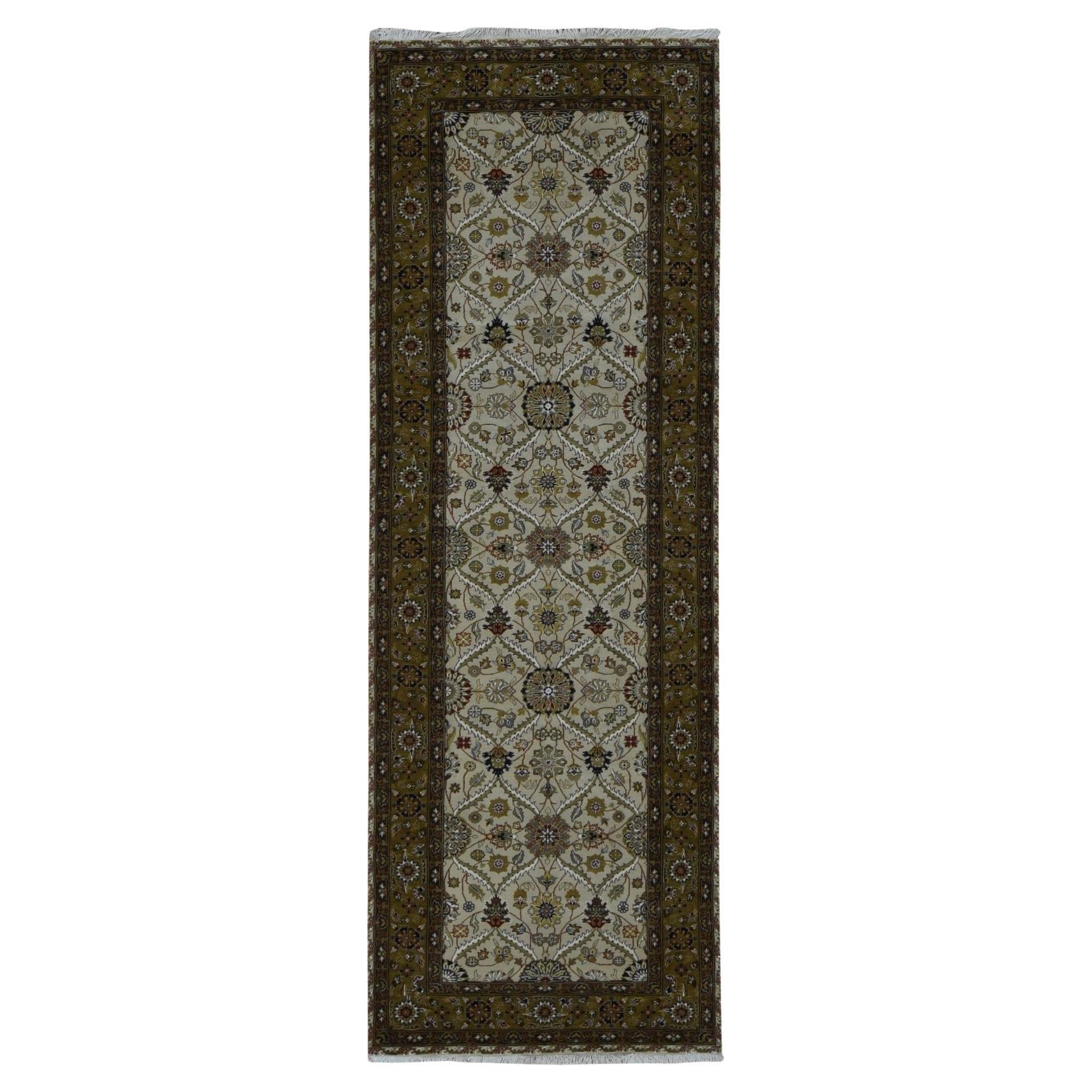 3'6"x10'3" Khaki Brown Hereke Design Wool 300 KPSI Hand Knotted Runner Rug For Sale
