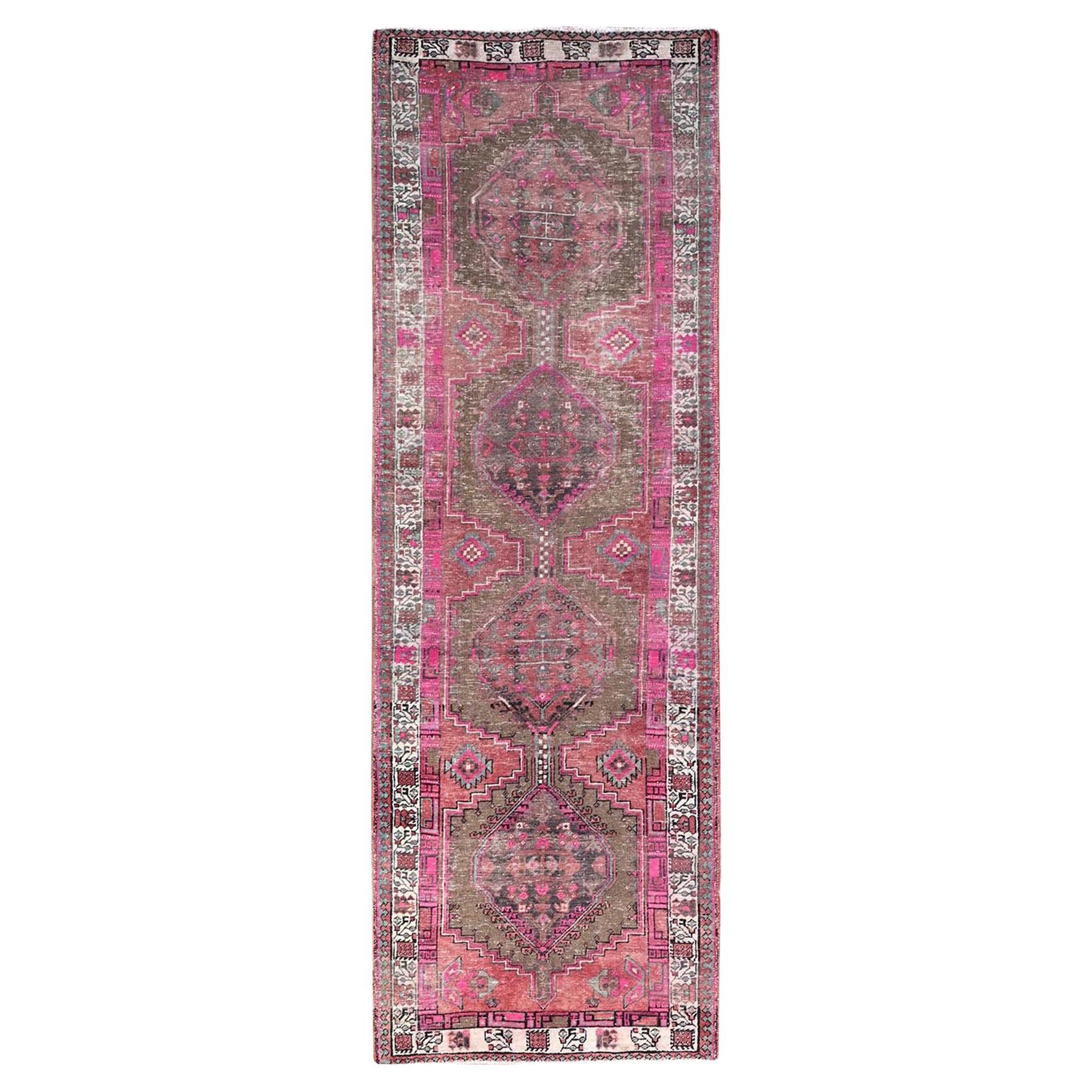3'6"x10'9" Mehrfarbiger handgeknüpfter persischer Heriz-Läufer aus weicher Wolle, Vintage