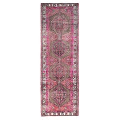 3'6"x10'9" Multicolored Soft Wool Hand Knotted Vintage Persian Heriz Runner Rug