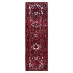 3'6"x11'5" Carmine Red Vintage Persian Heriz Pure Wool Hand Knotted Runner Rug