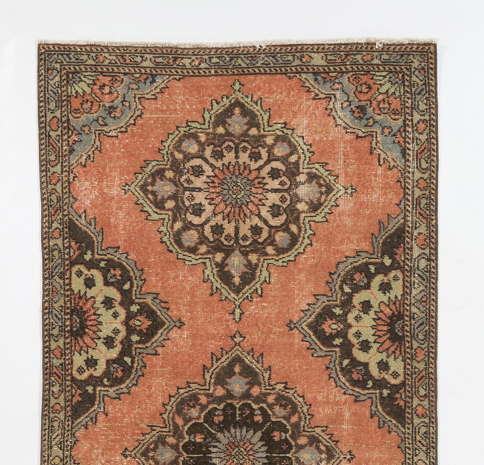 3.6x11.7 Ft Hand-Knotted Turkish Oushak Wool Runner Rug. Vintage Corridor Carpet In Good Condition For Sale In Philadelphia, PA