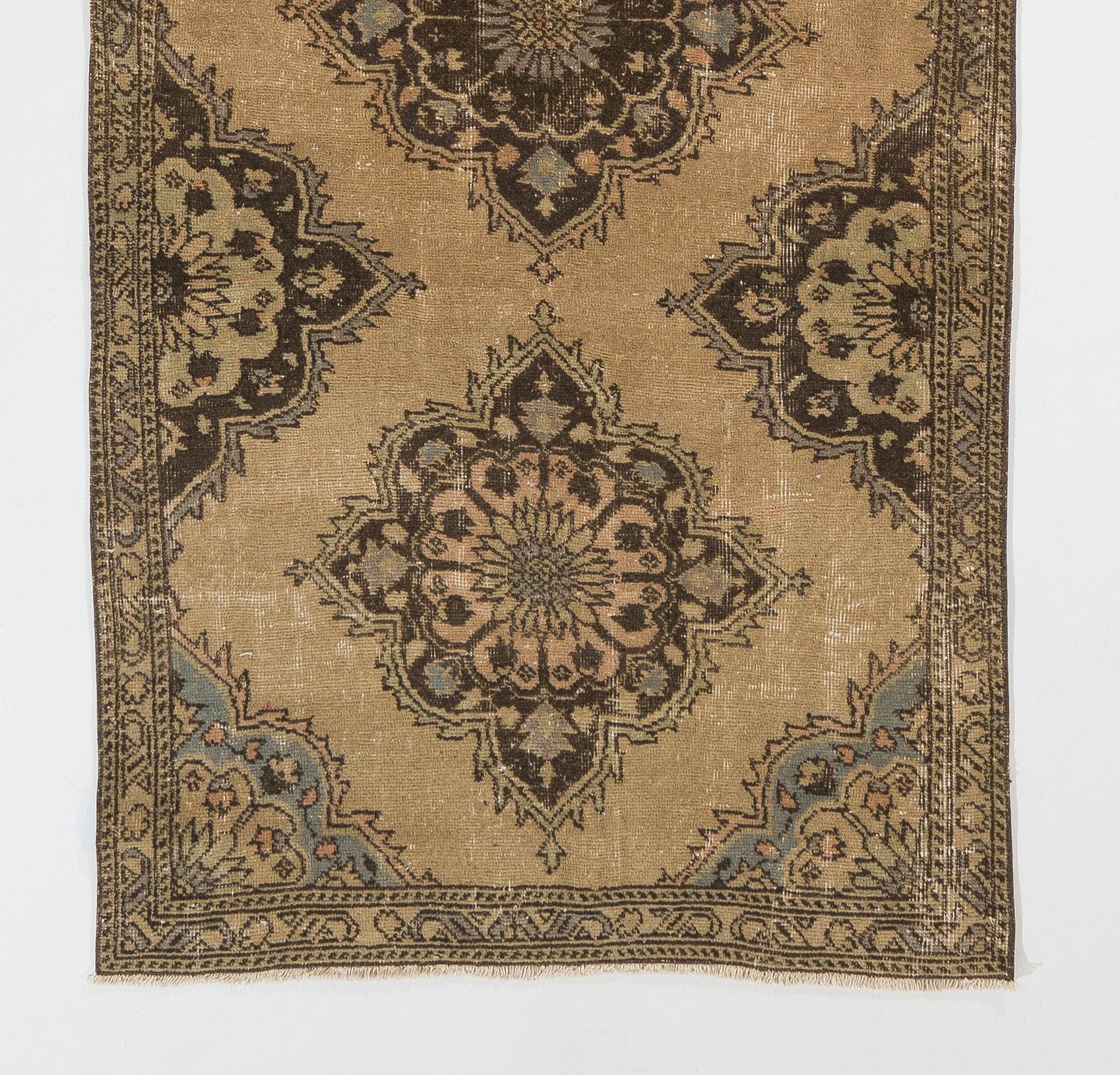 20th Century 3.6x11.7 Ft Hand-Knotted Turkish Oushak Wool Runner Rug. Vintage Corridor Carpet For Sale