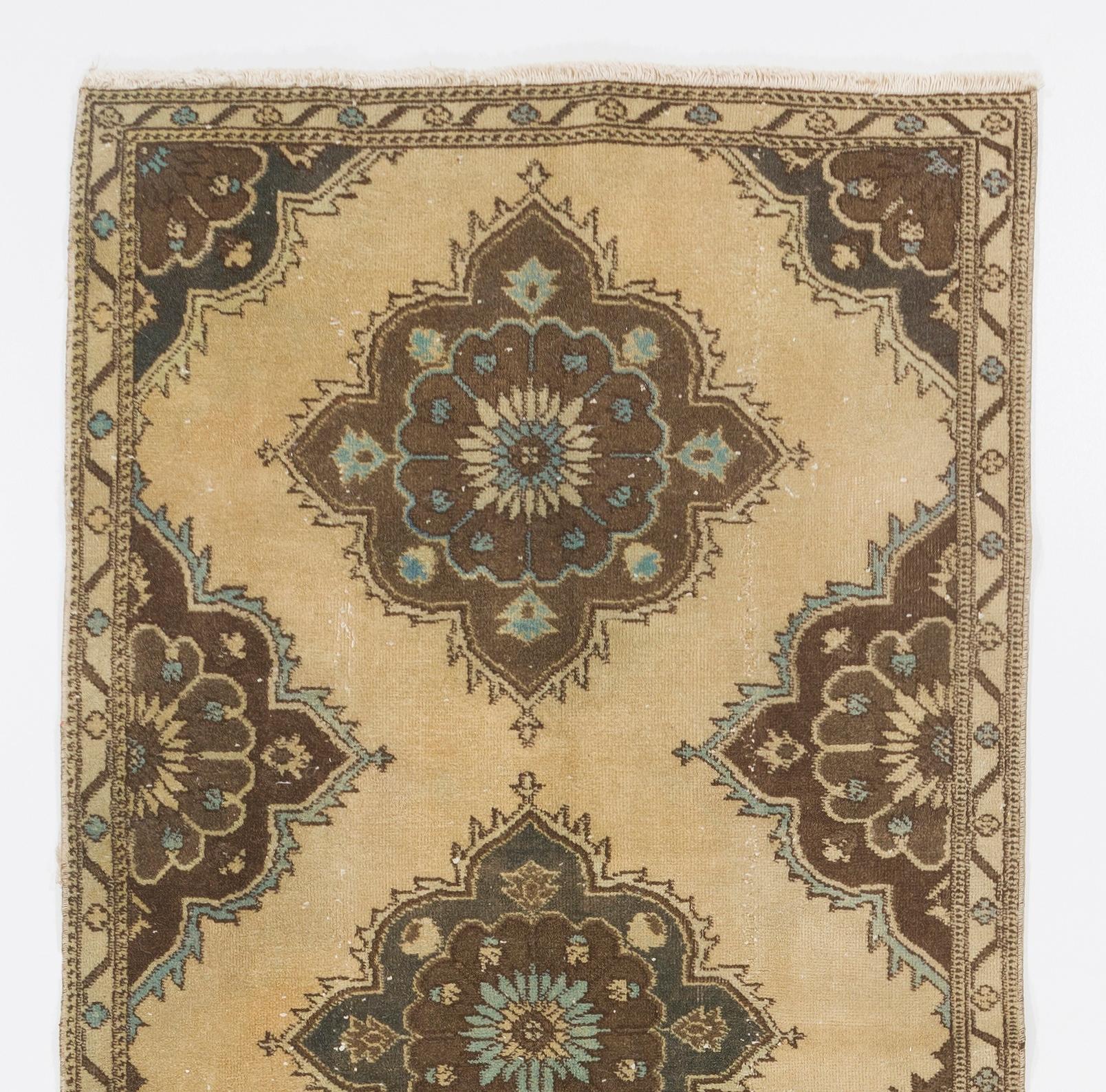 A vintage Turkish runner rug for hallway decor. Finely hand-knotted with even medium wool pile on cotton foundation. Very good condition. Sturdy and as clean as a brand new rug (deep washed professionally). Size: 3.6 x 11.7 ft.
  