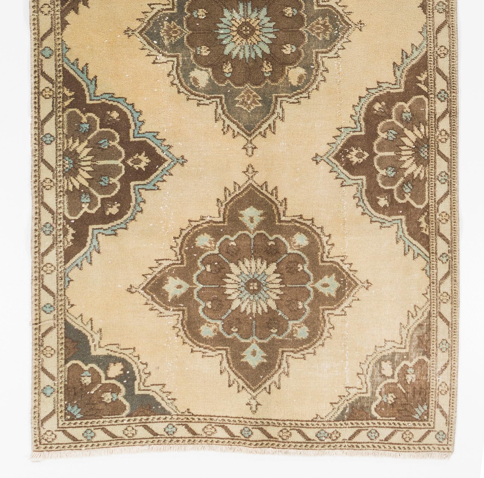 20th Century 3.6x11.7 Ft Vintage Oushak Runner, Authentic Hand-Knotted Turkish Rug in Beige For Sale