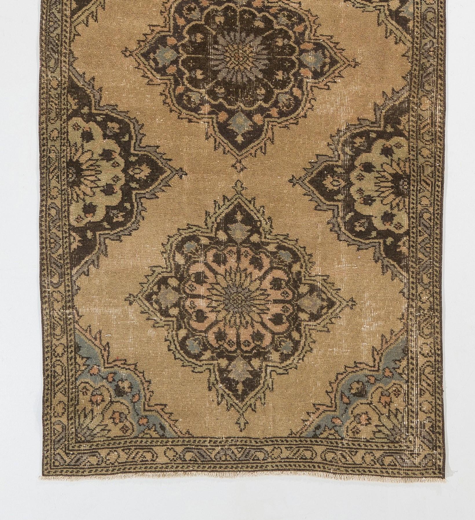 20th Century 3.6x11.7 Ft Hand-Knotted Turkish Oushak Wool Runner Rug. Vintage Corridor Carpet For Sale