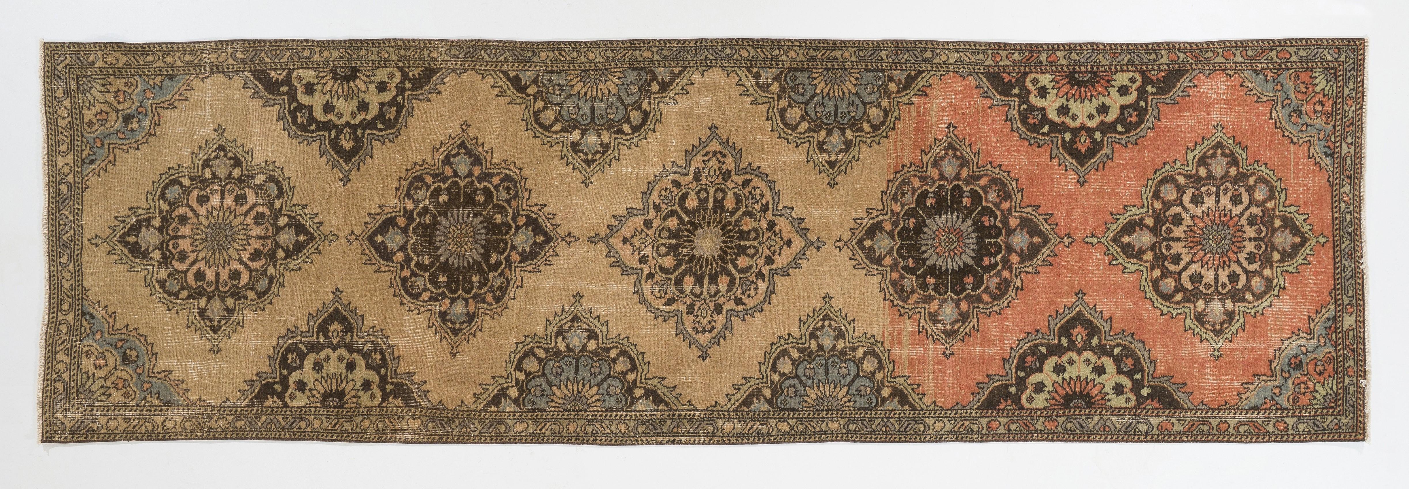 3.6x11.7 Ft Hand-Knotted Turkish Oushak Wool Runner Rug. Vintage Corridor Carpet For Sale 1