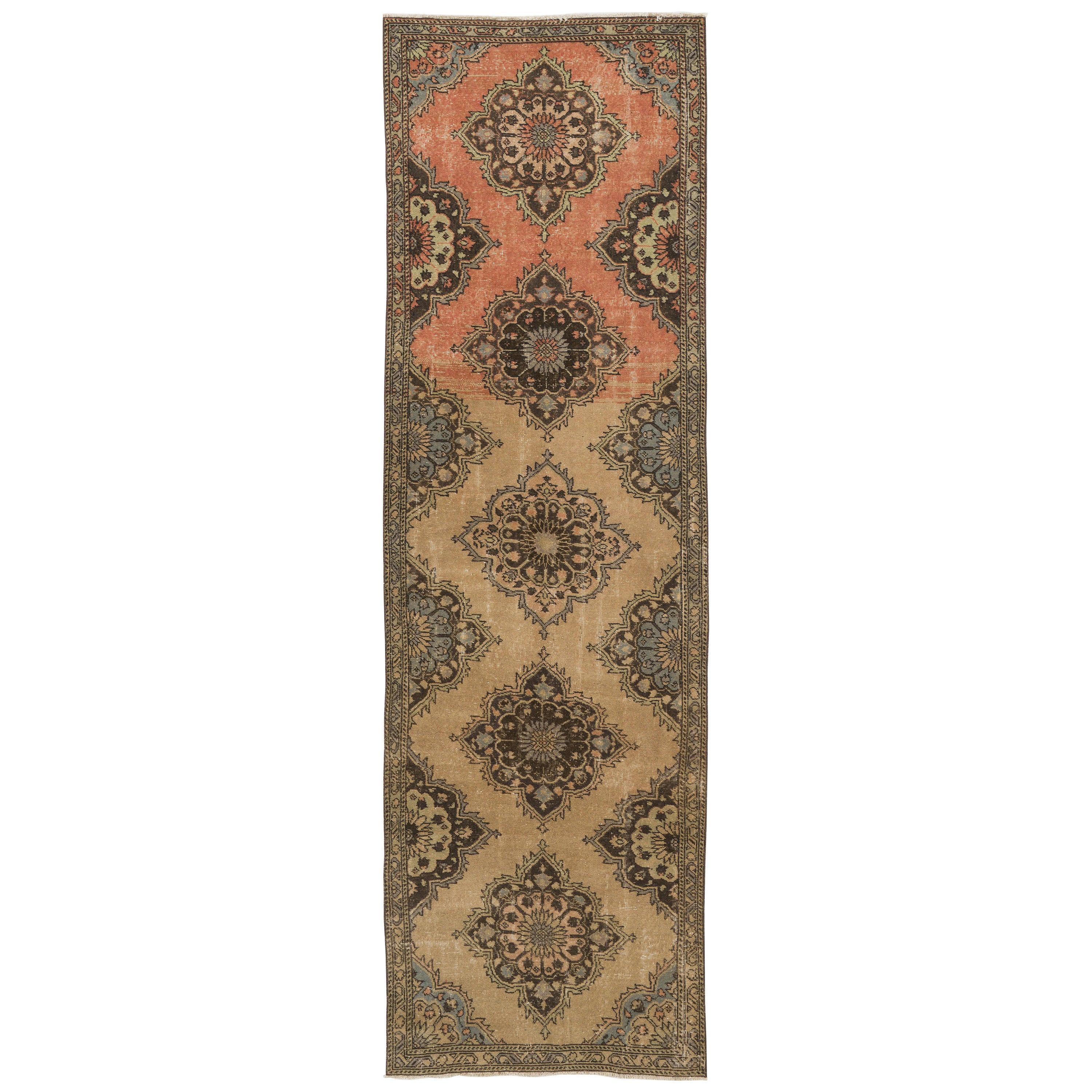 3.6x11.7 Ft Hand-Knotted Turkish Oushak Wool Runner Rug. Vintage Corridor Carpet